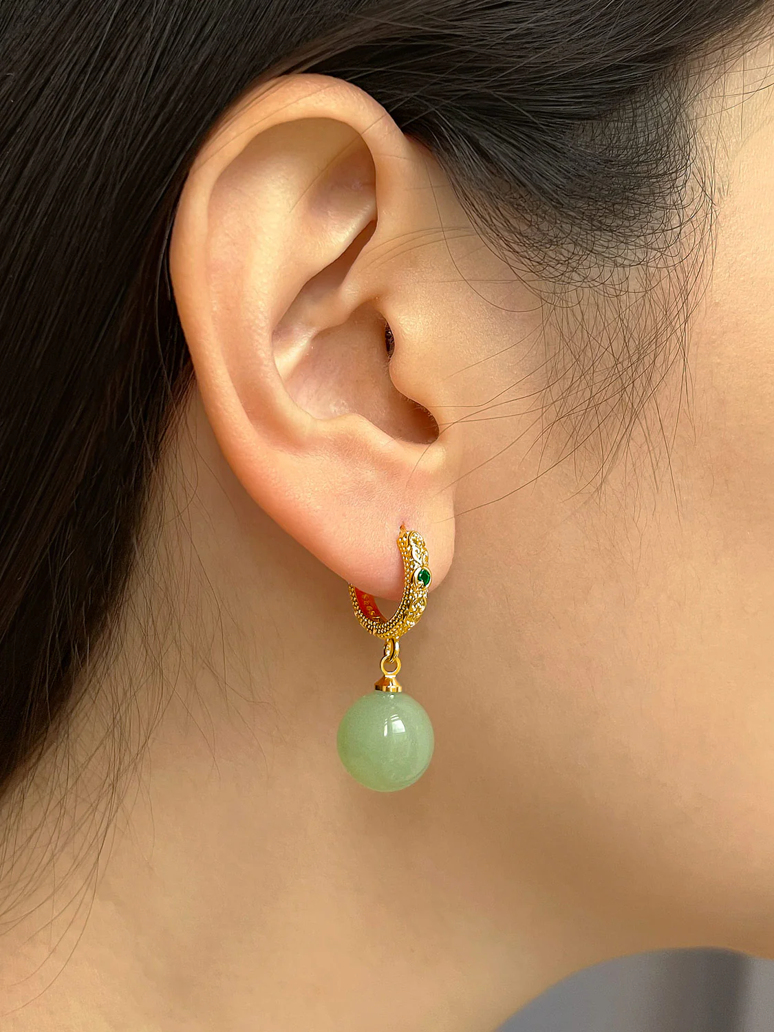 Intricate Huggies, S925 - Gold, Light Green Jade - Image 3