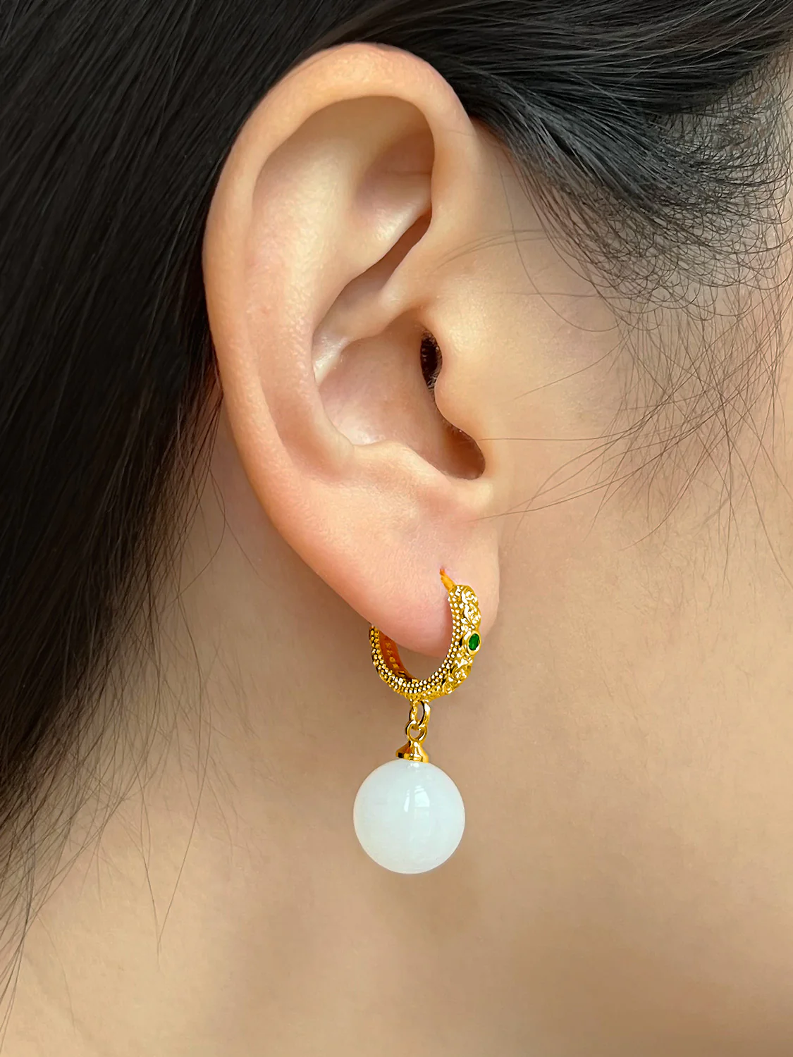 Intricate Huggies, S925 - Gold, White Jade - Image 3