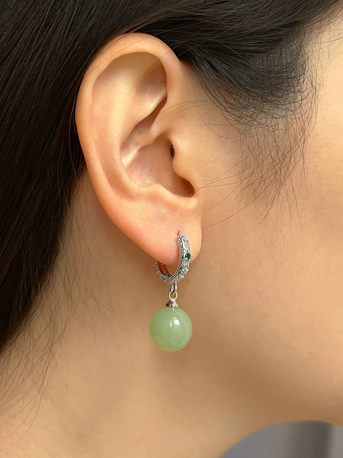 Intricate Huggies, S925 - Silver, Light Green Jade - Image 3