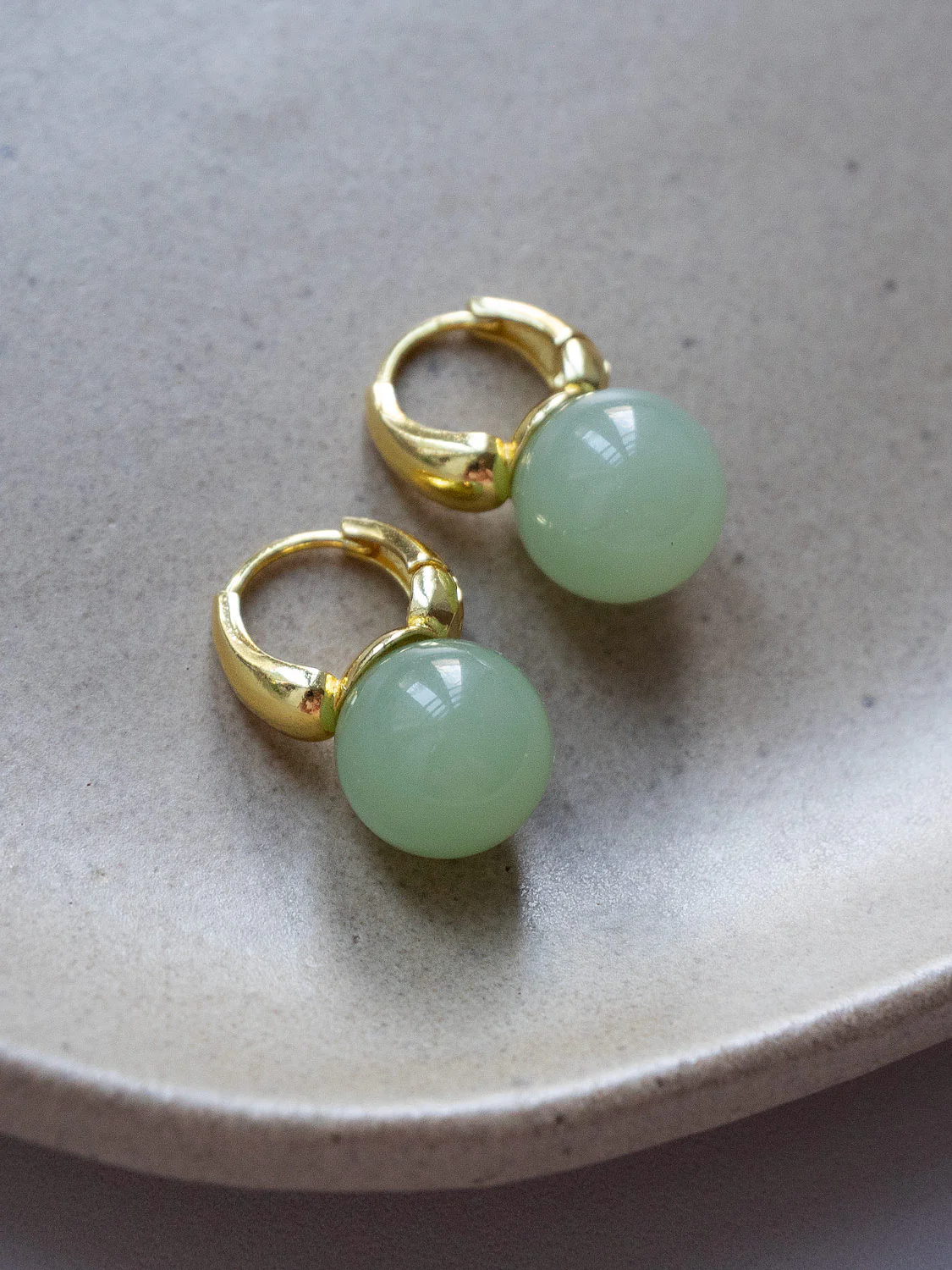 Jade Ball Mini Hoops, S925 - Gold, Light Green - Image 2