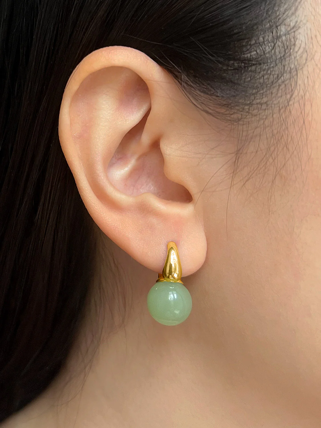 Jade Ball Mini Hoops, S925 - Gold, Light Green - Image 3