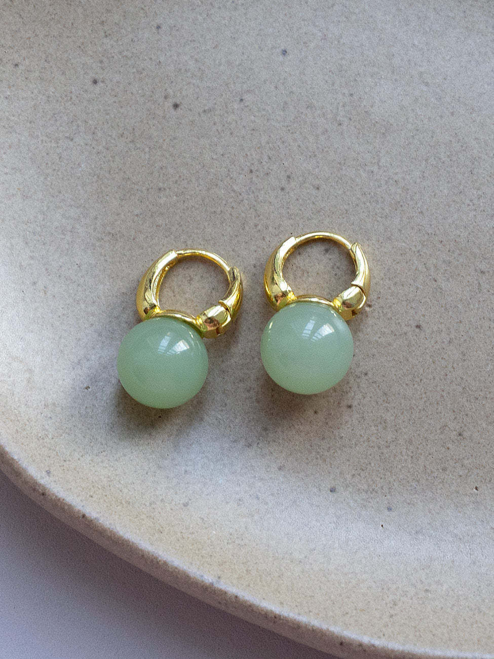 Jade Ball Mini Hoops, S925 - Gold, Light Green - Image 4