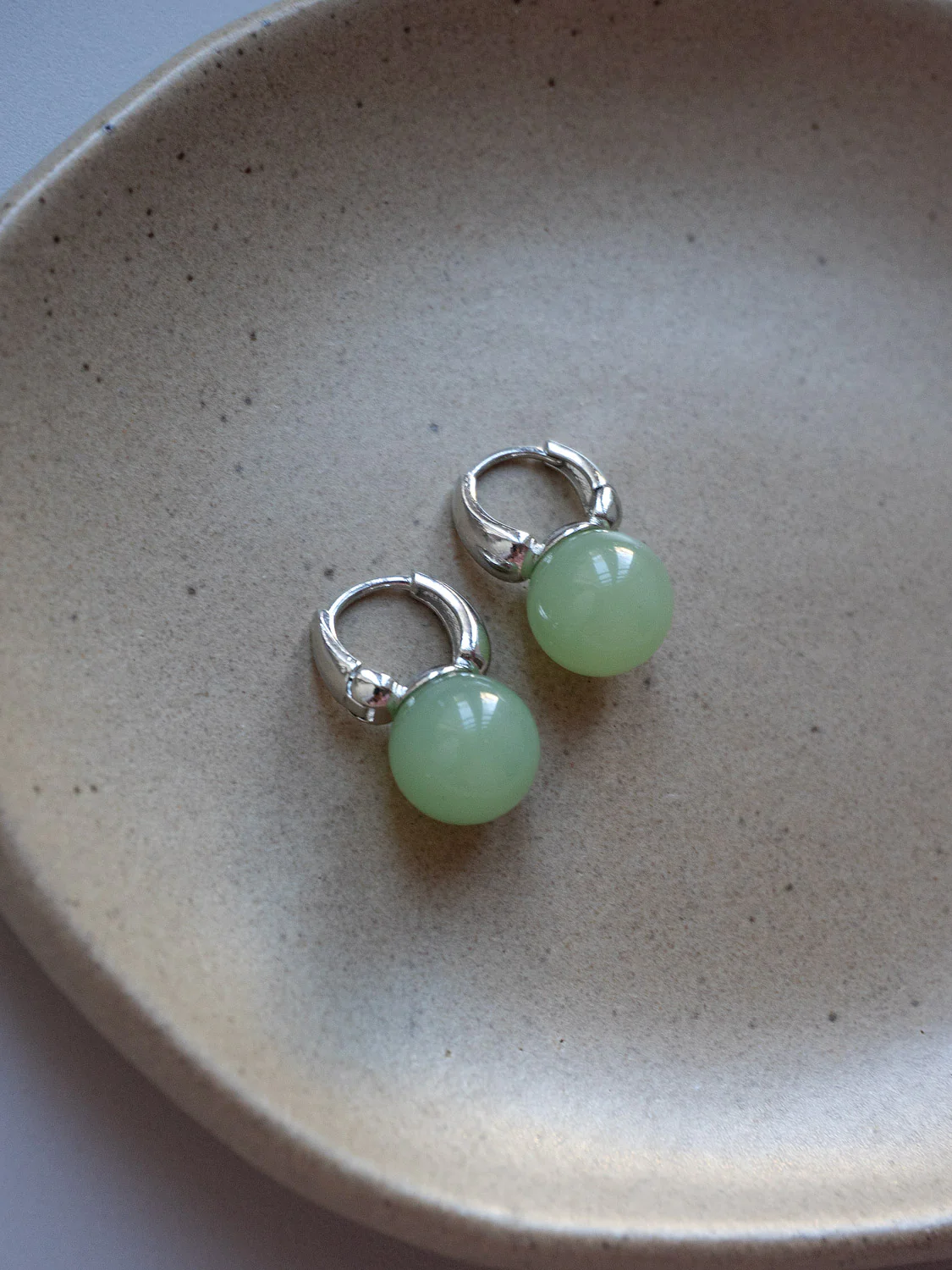 Jade Ball Mini Hoops, S925 - Silver, Light Green - Image 2
