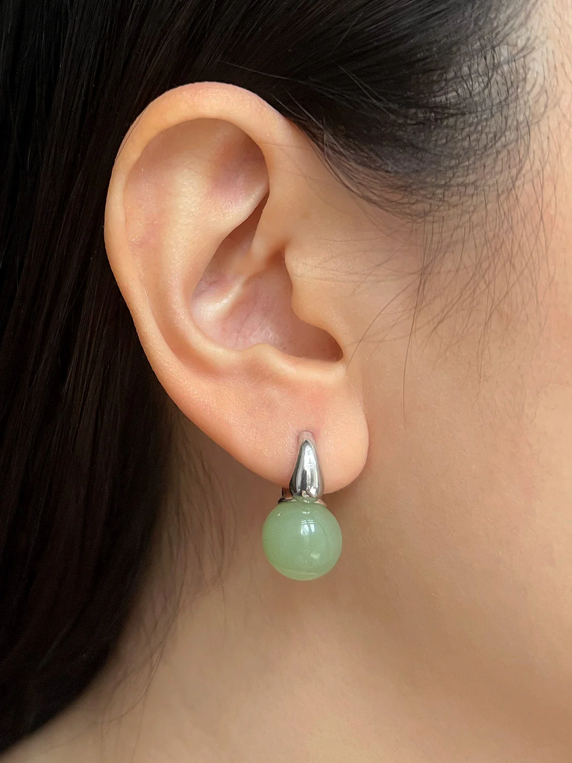 Jade Ball Mini Hoops, S925 - Silver, Light Green - Image 3
