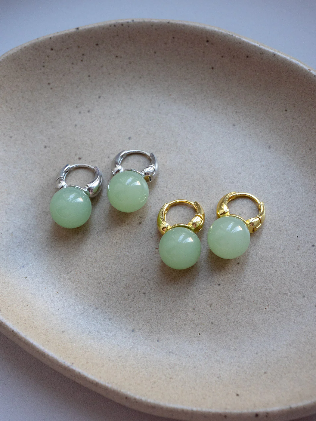 Jade Ball Mini Hoops, S925 - Silver, Light Green - Image 4