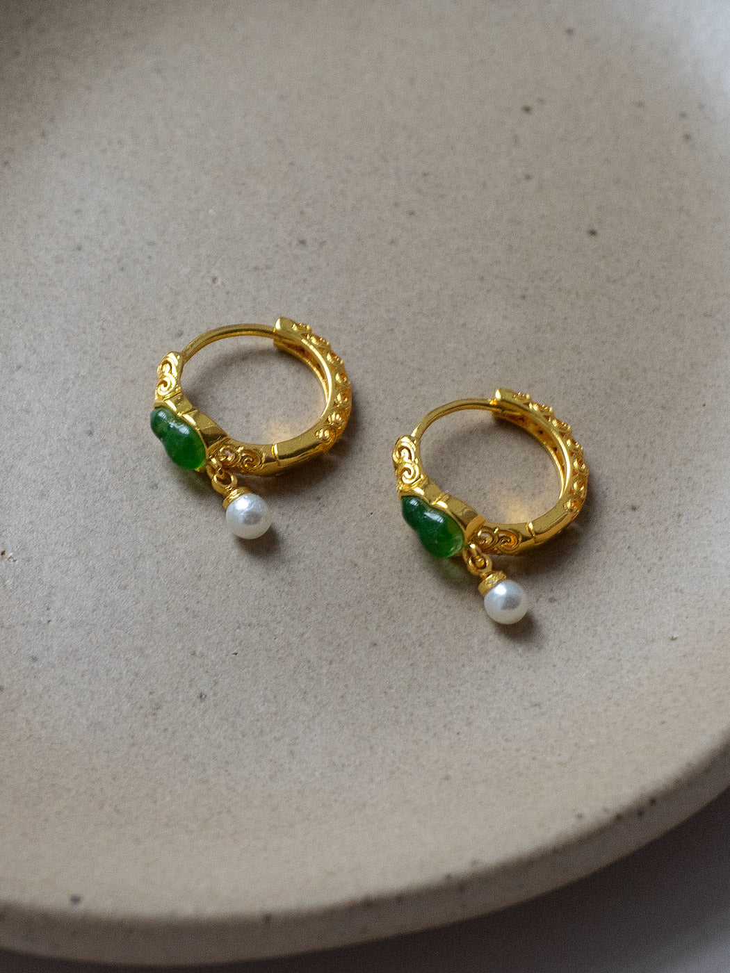 Jade Gourd Hoops with Pearl - Image 2