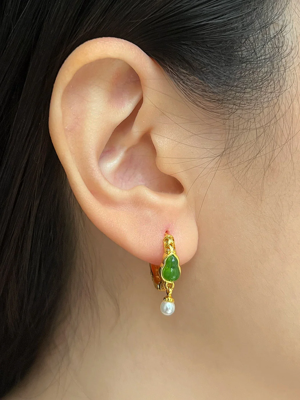 Jade Gourd Hoops with Pearl - Image 3