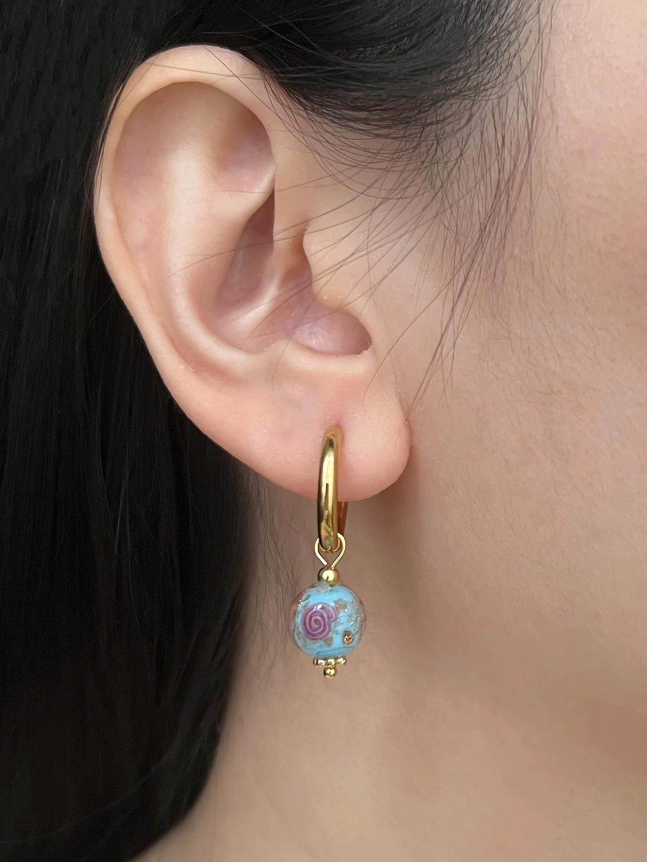 Little Hoops with Eclectic Glass Beads - Aquamarine - Image 4