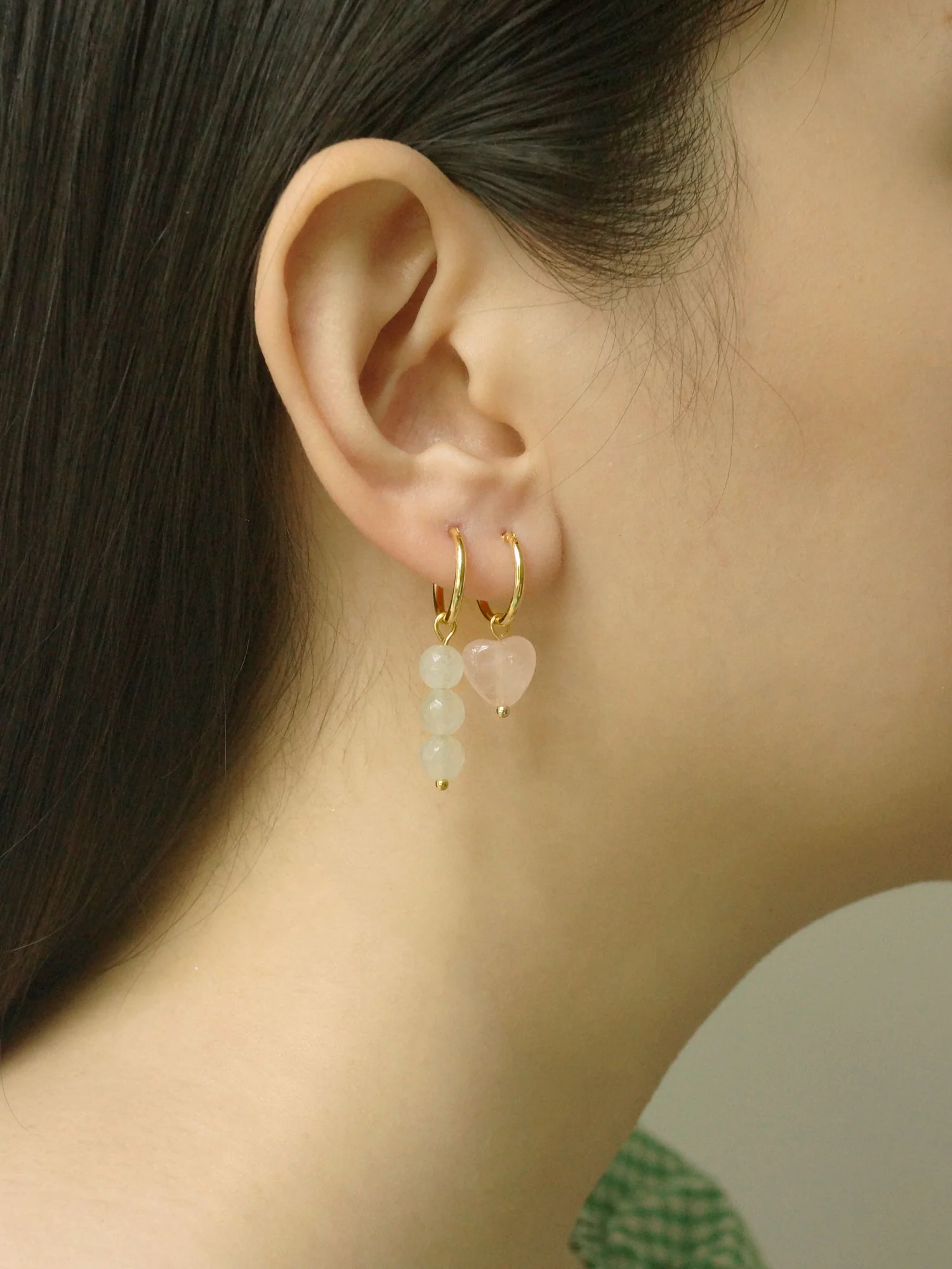 Little Stone Heart Mismatched Hoops - Pink/White - Image 3