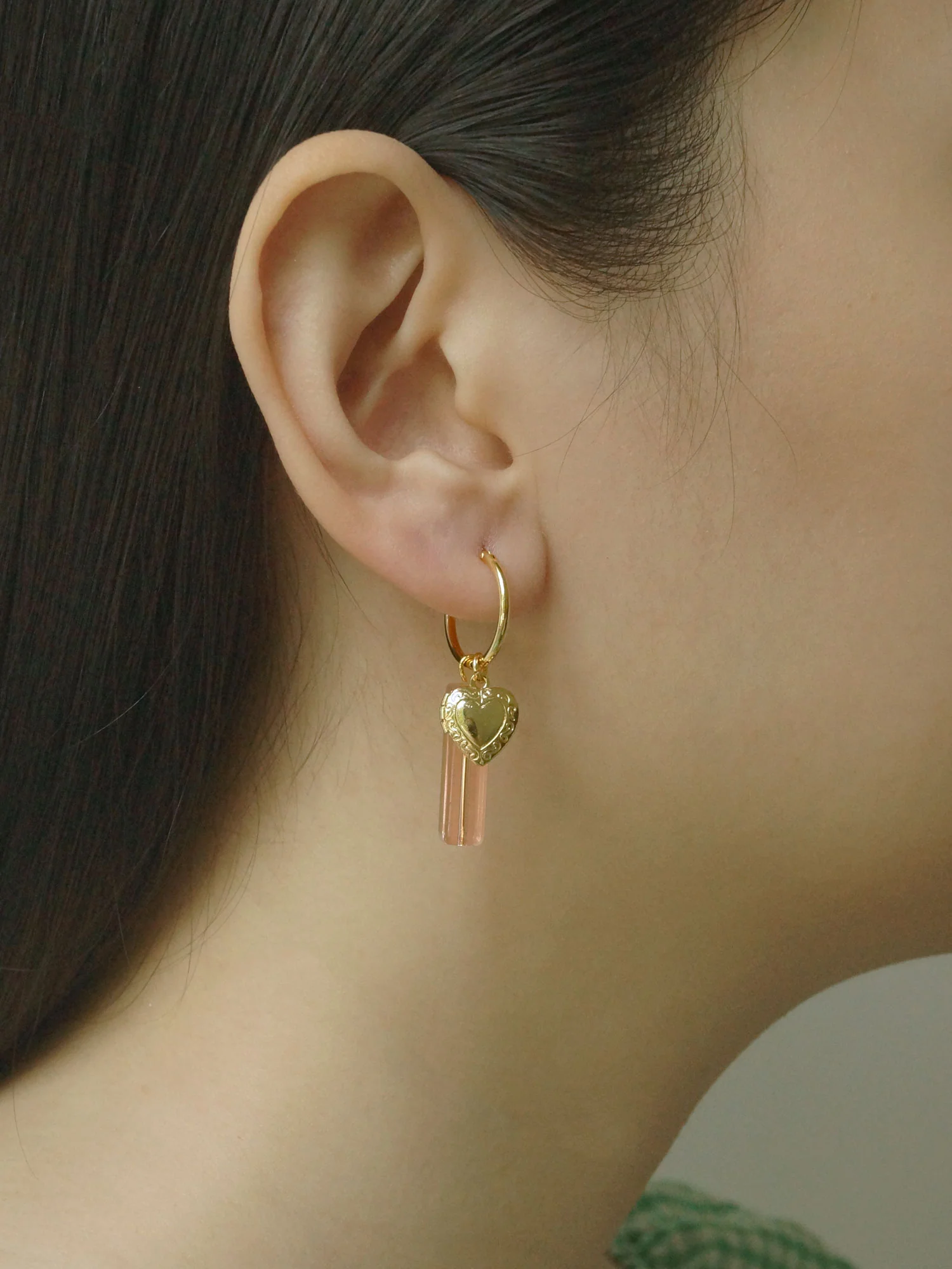 Locket & Glass Dangle Hoops - Pink - Image 3