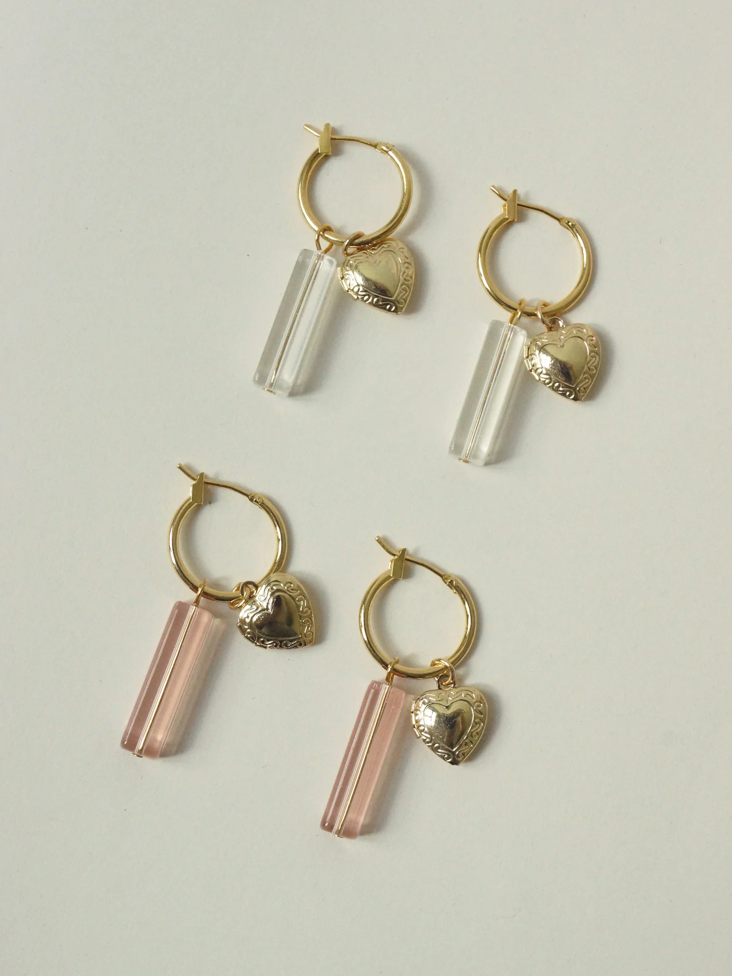 Locket & Glass Dangle Hoops - Pink - Image 4