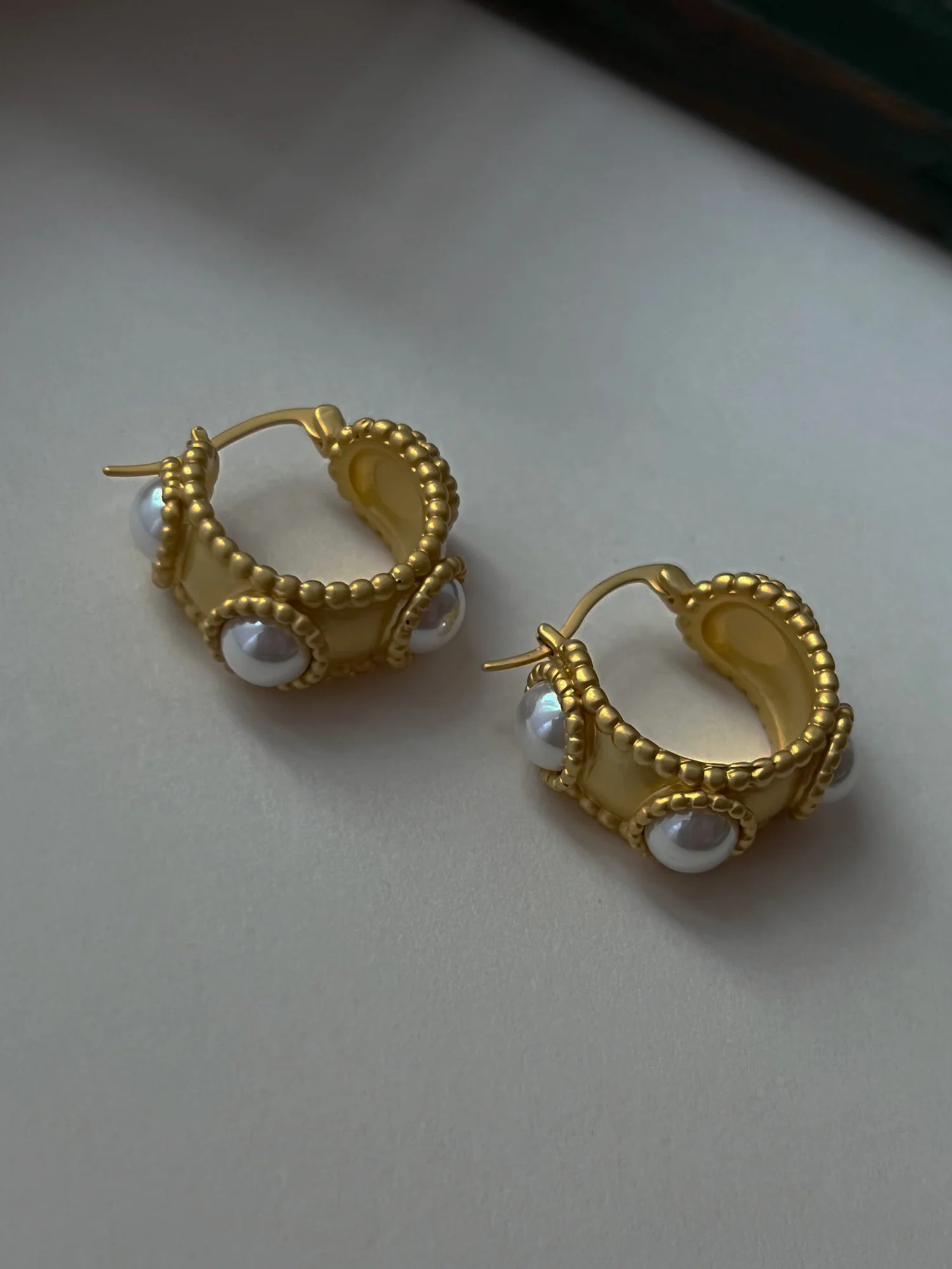 Matte Gold Vintage Pearl Hoops - Image 3