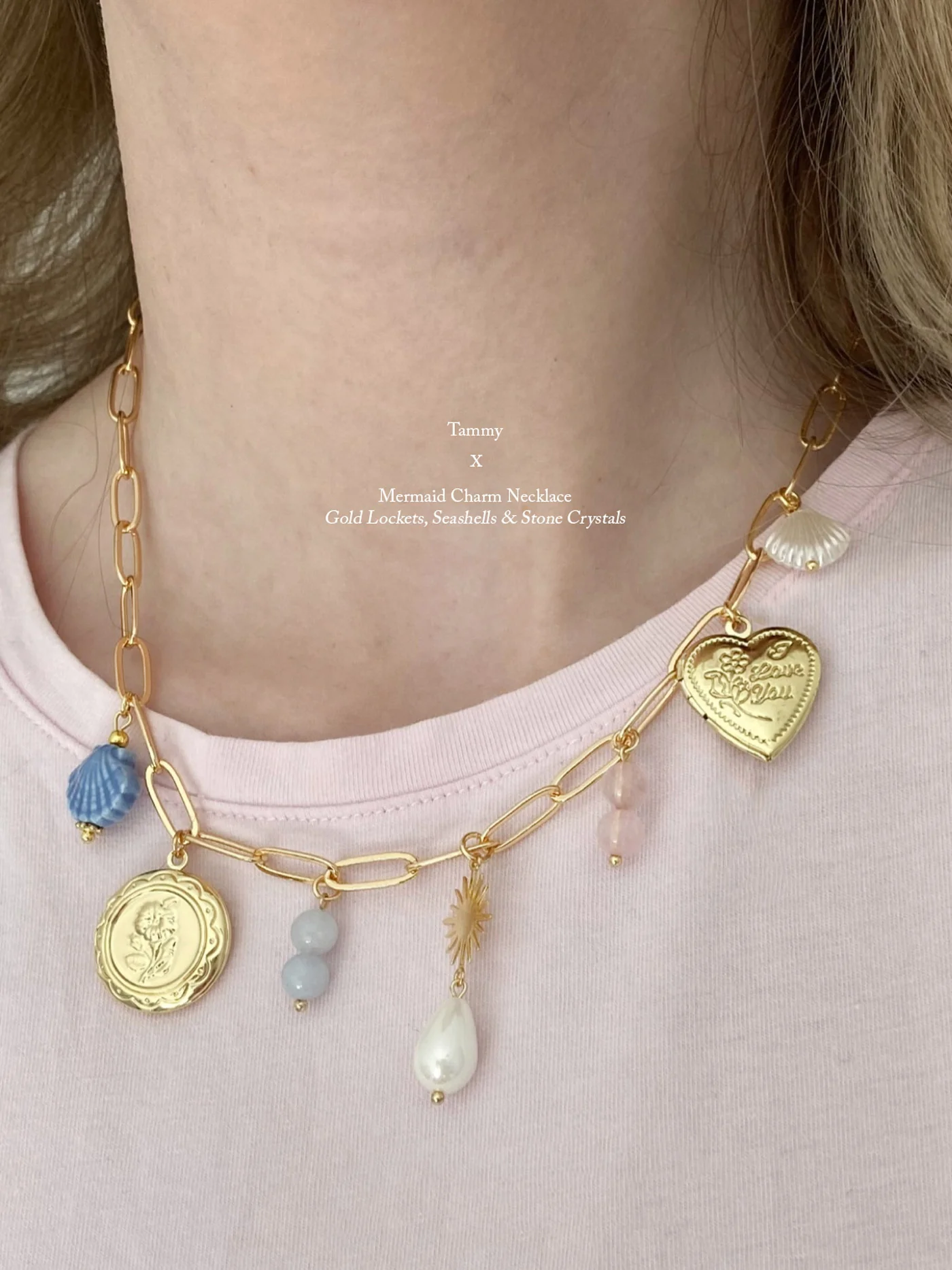 Mermaid Charm Necklace - Gold Lockets, Seashells & Stone Crystals - Image 2
