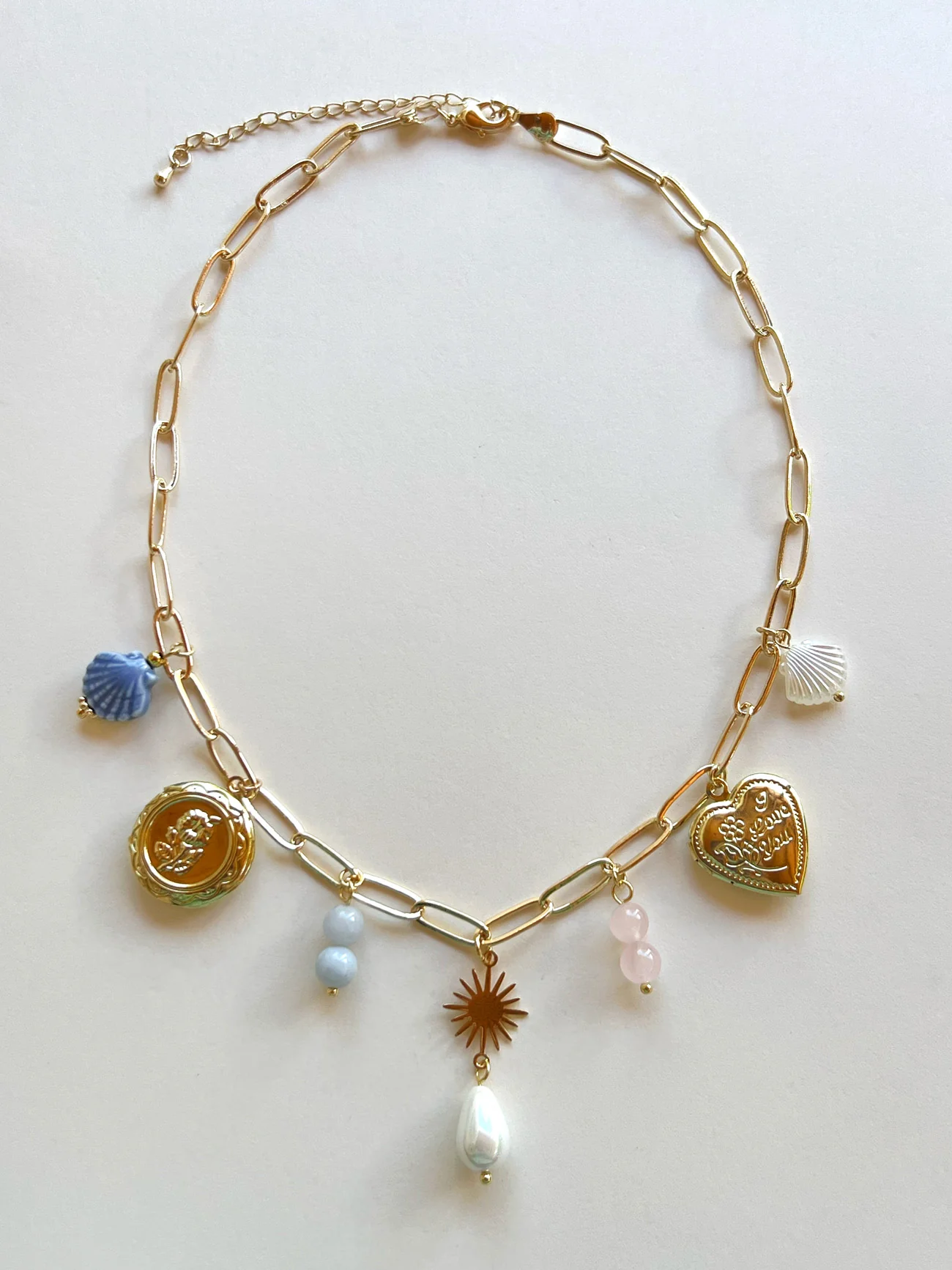 Mermaid Charm Necklace - Gold Lockets, Seashells & Stone Crystals - Image 4
