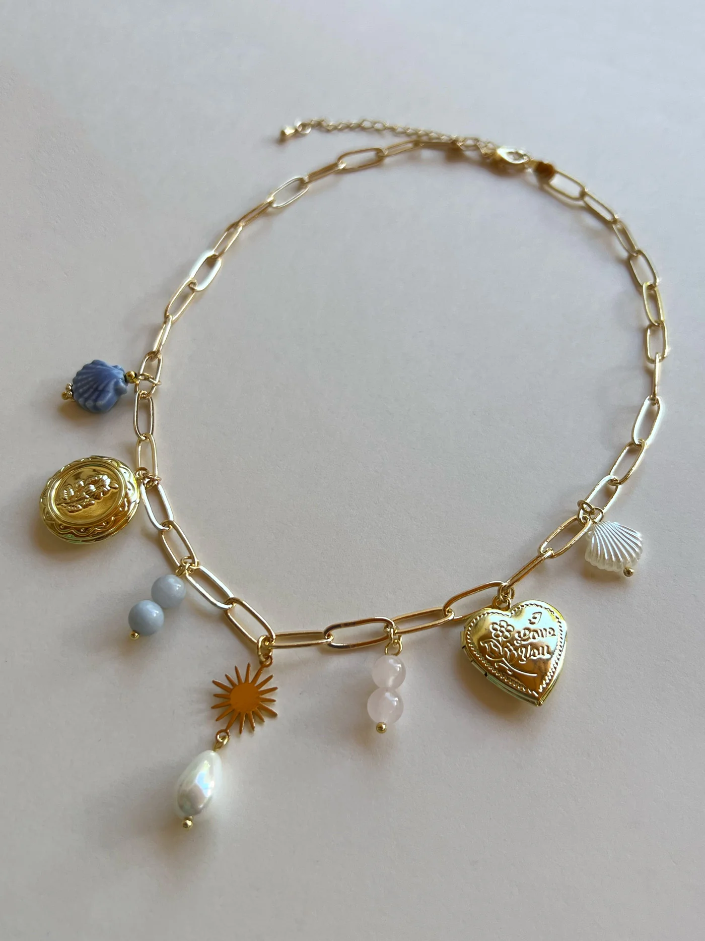 Mermaid Charm Necklace - Gold Lockets, Seashells & Stone Crystals - Image 5