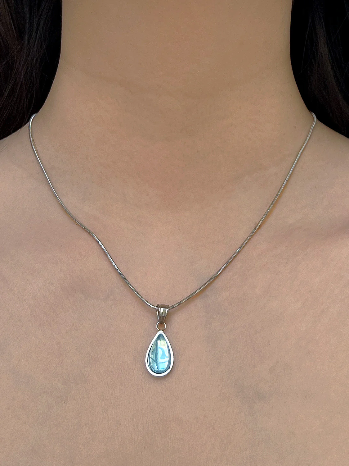 Mermaid Teardrop Silver Necklace - Blue - Image 3