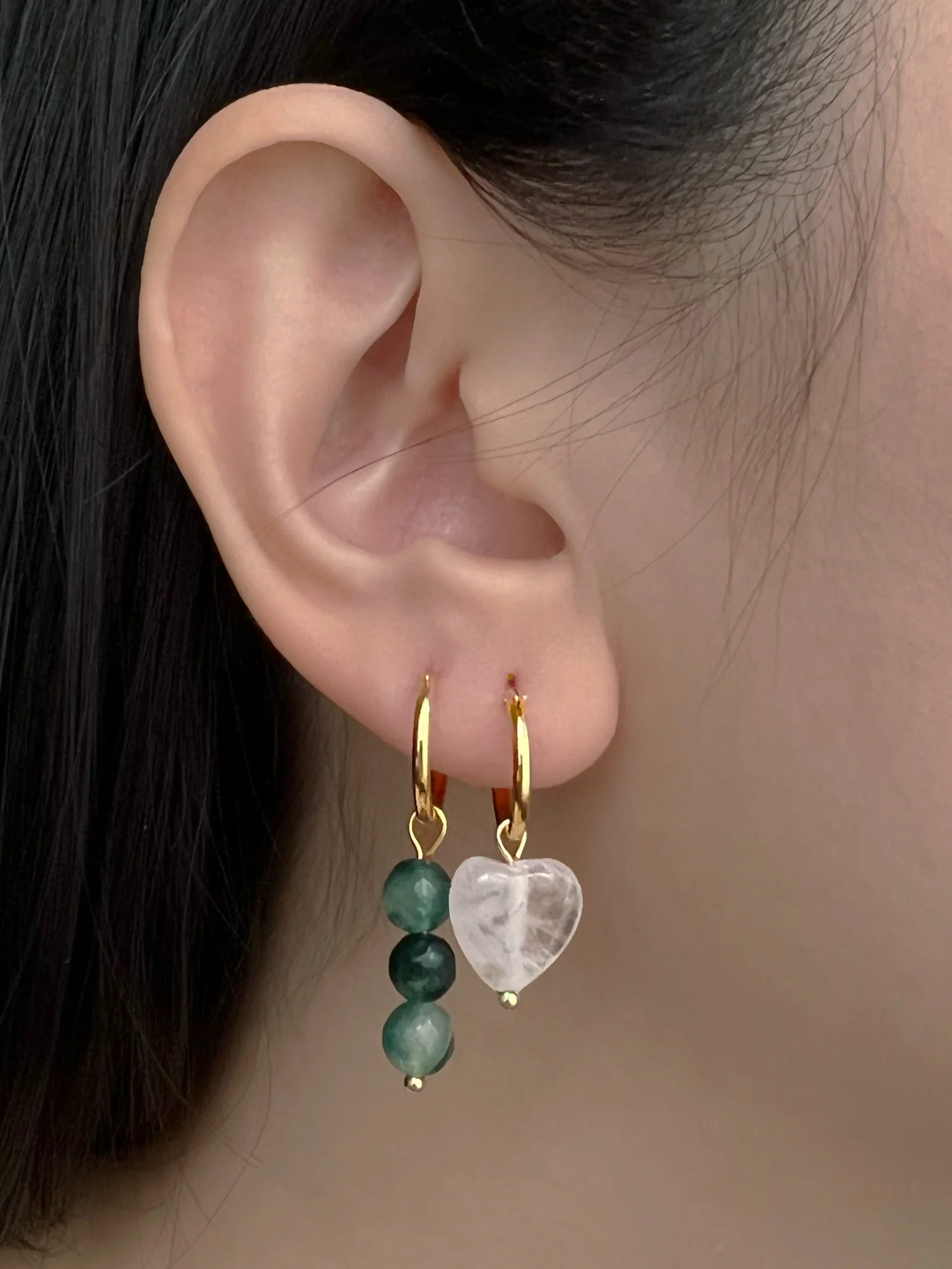 Mismatched Stone Hoop Earrings - Clear Quartz/Green - Image 3