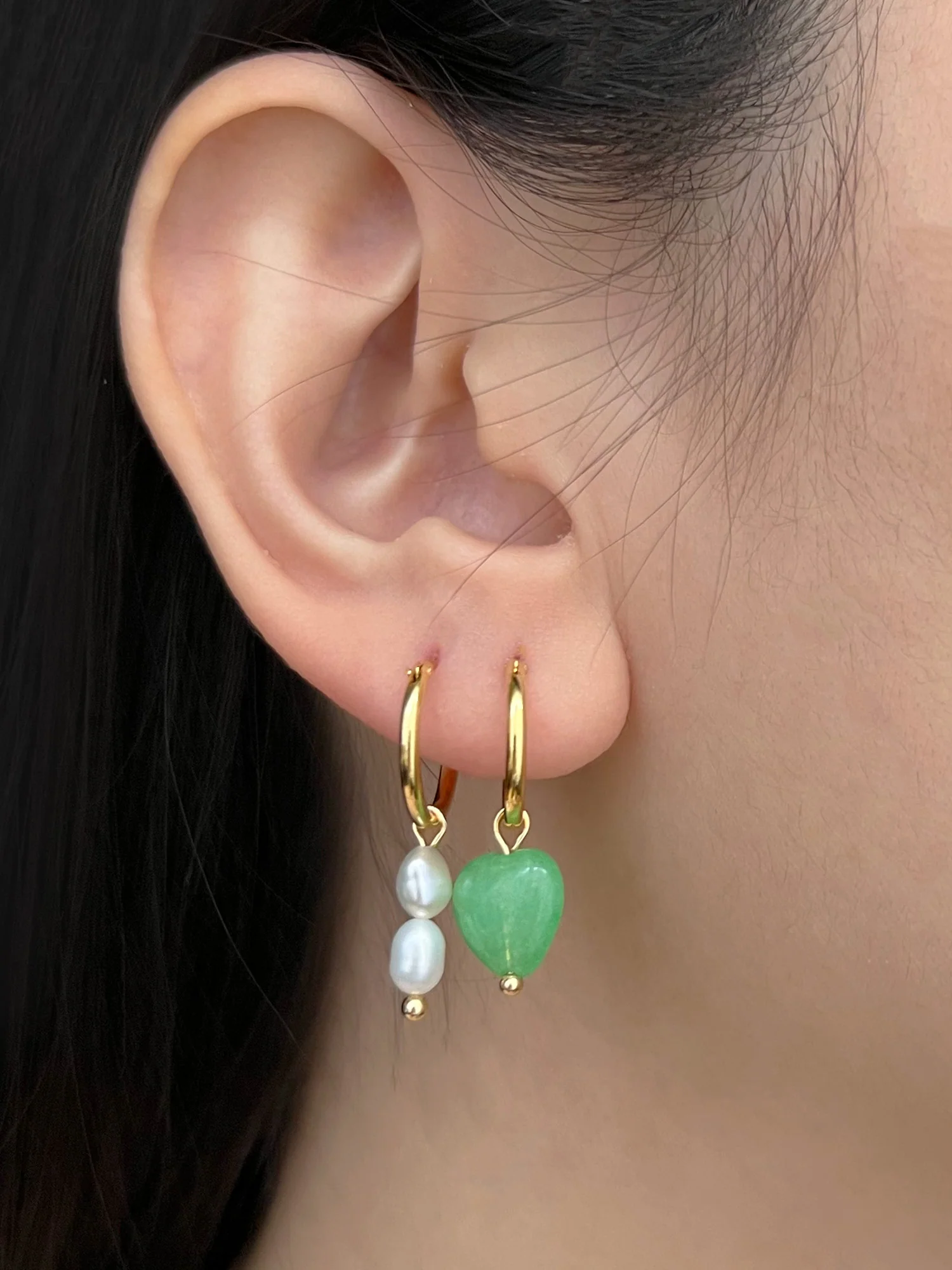 Mismatched Stone Hoop Earrings - Green Jade/Pearls - Image 4