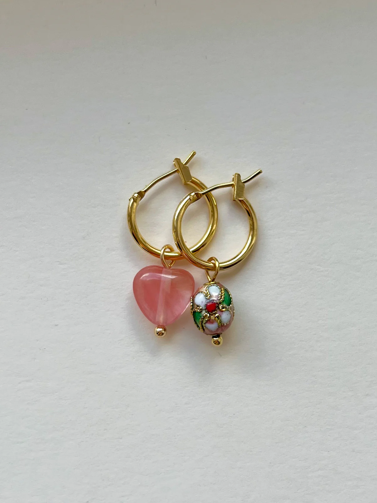 Mismatched Stone Hoop Earrings - Watermelon Pink/Cloisonne - Image 3