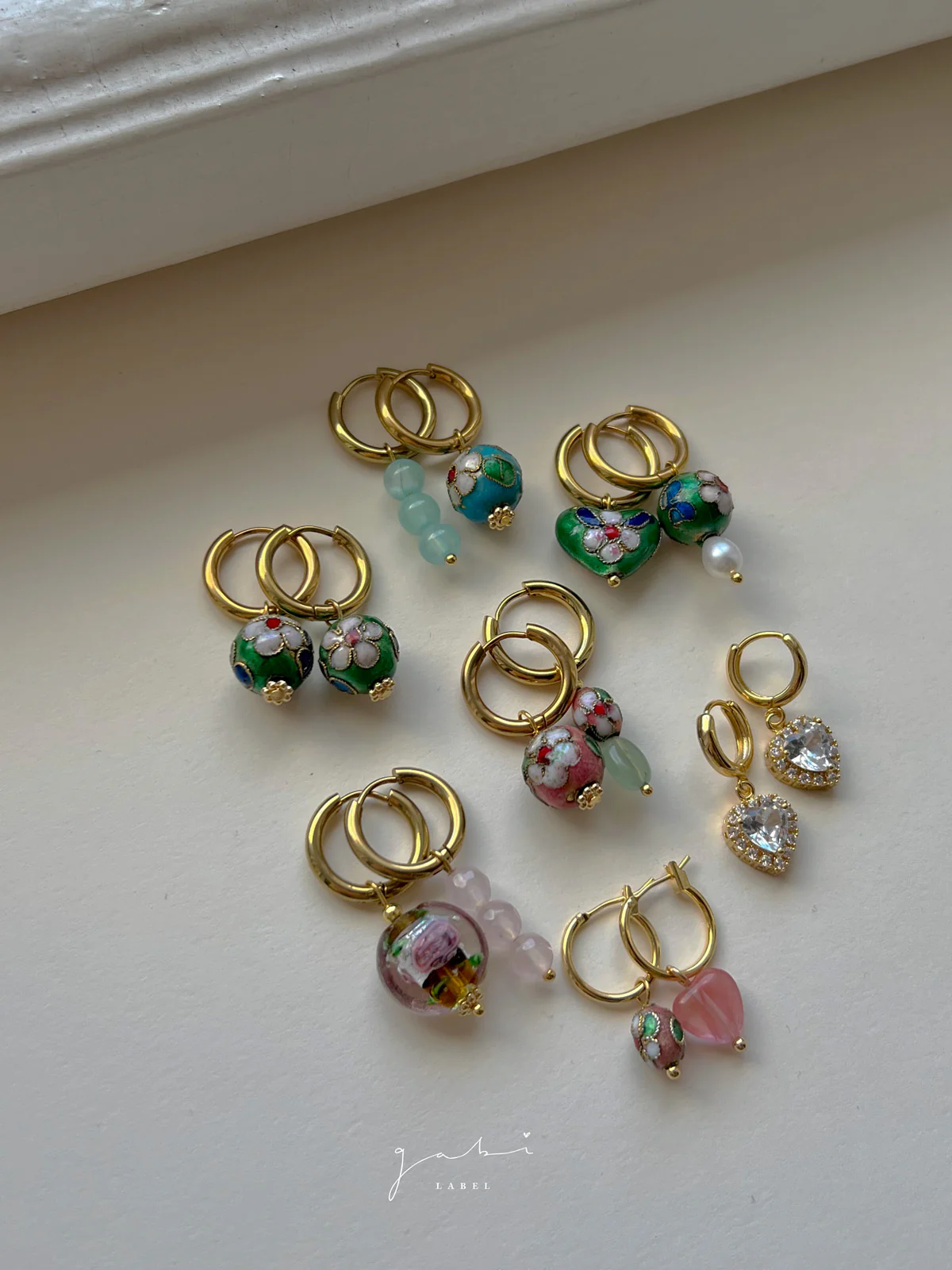 Mismatched Stone Hoop Earrings - Watermelon Pink/Cloisonne - Image 4