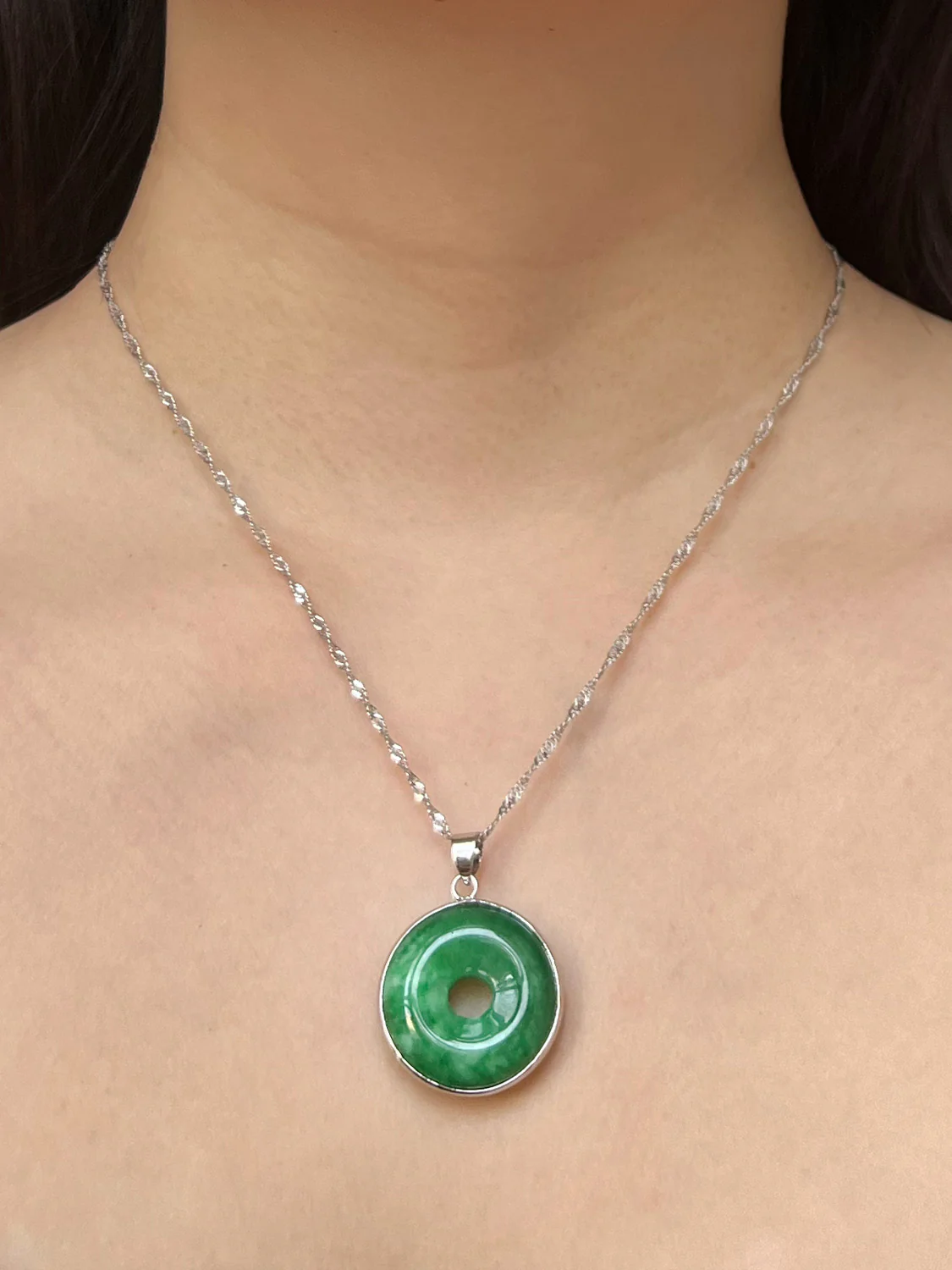 Molten-edged Jade Donut Necklace - Silver - Image 4