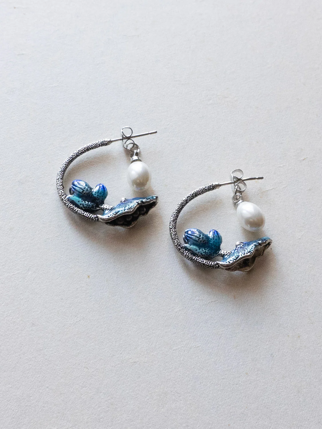 Nature’s Dance Hoops with Freshwater Pearl - Silver/Blue - Image 2