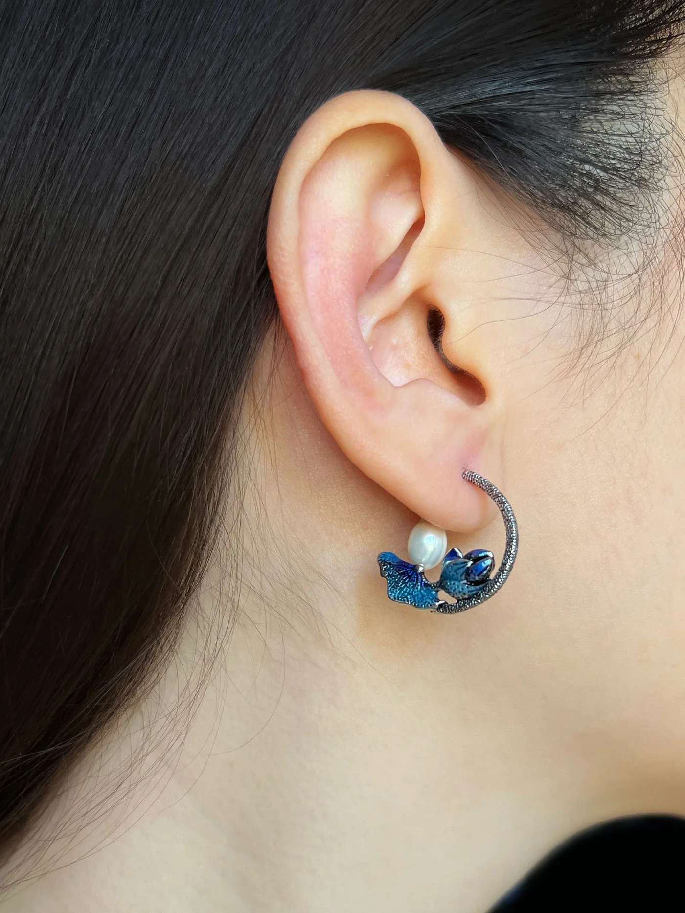 Nature’s Dance Hoops with Freshwater Pearl - Silver/Blue - Image 3