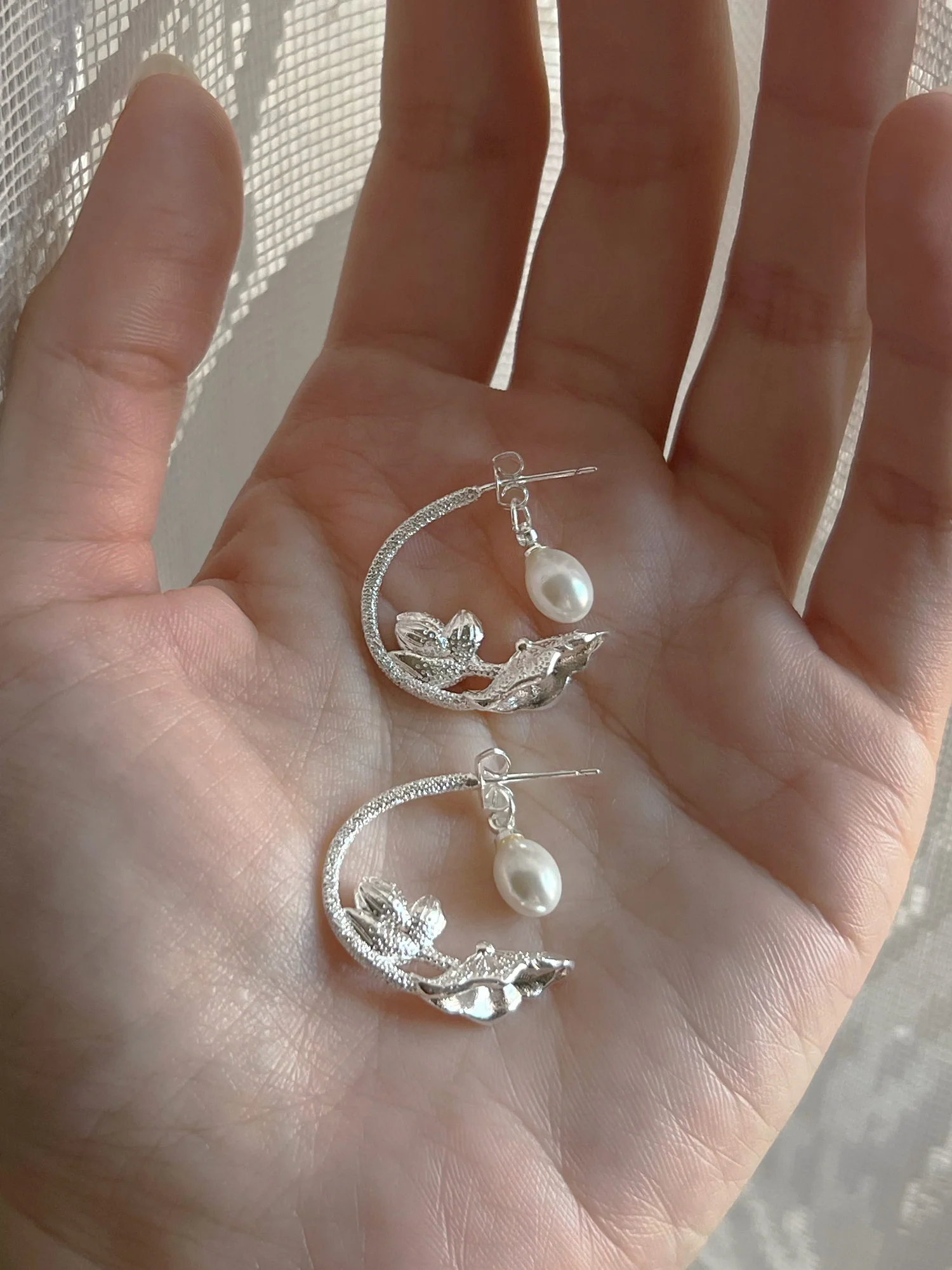Nature’s Dance Hoops with Freshwater Pearl - White Silver - Image 3