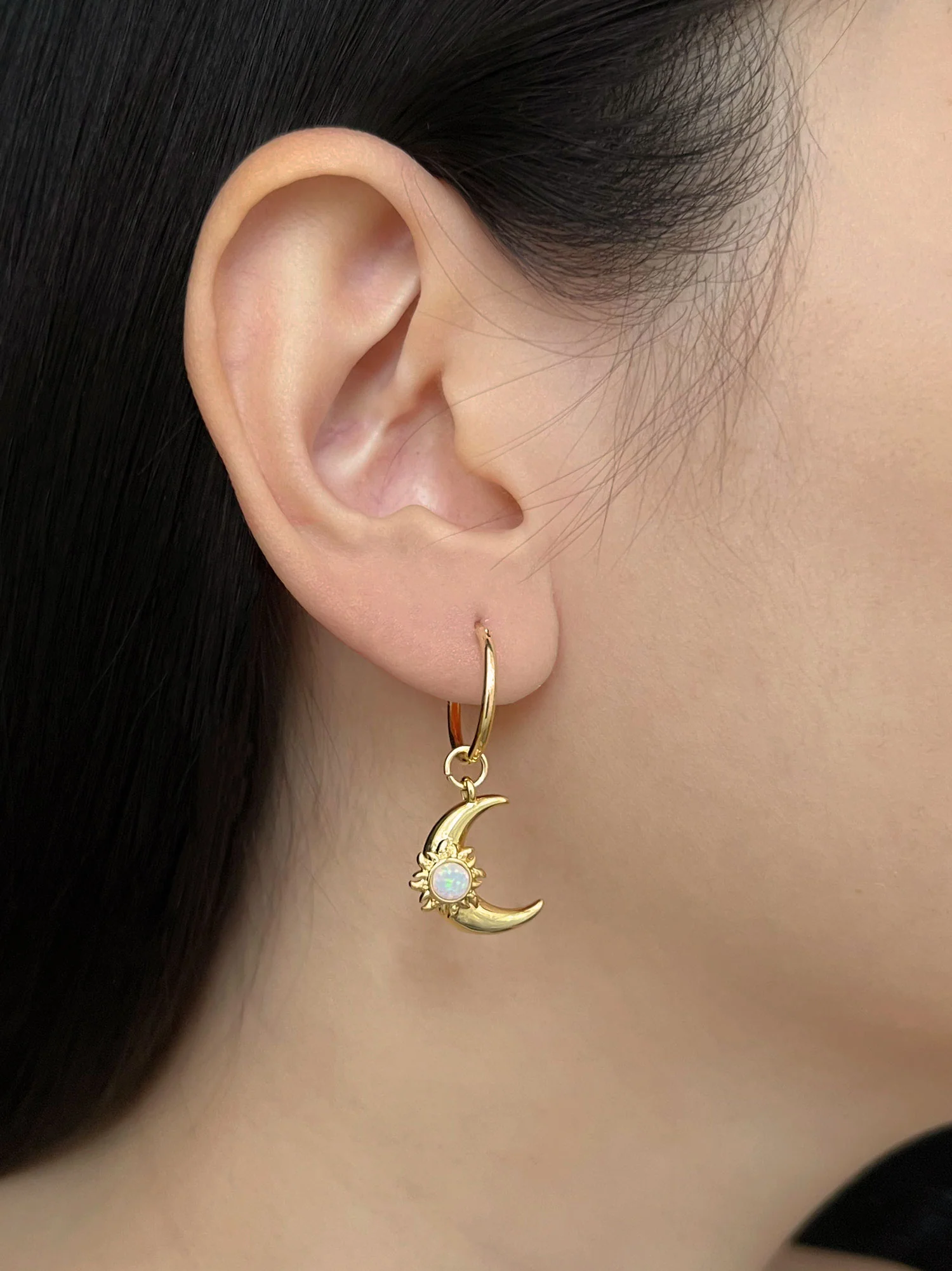 Opalescent Crescent Moon Hoops - Gold - Image 2