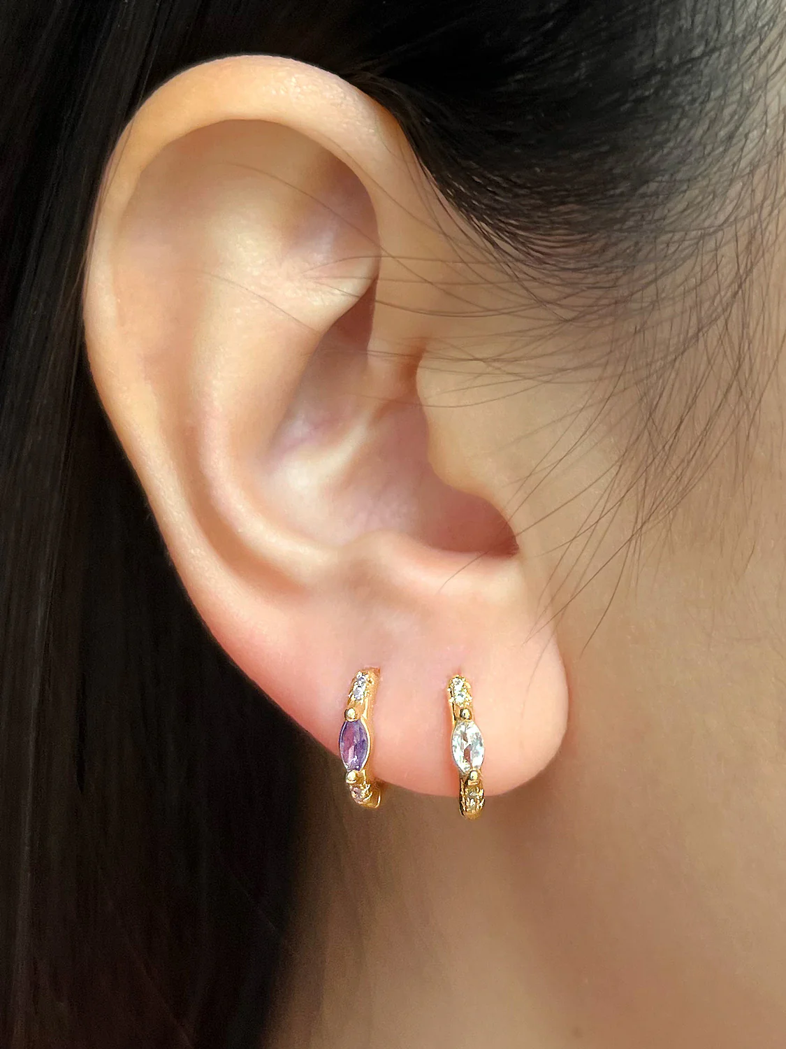 Oval Gemstone Huggies, S925 - Clear, Gold - Image 2