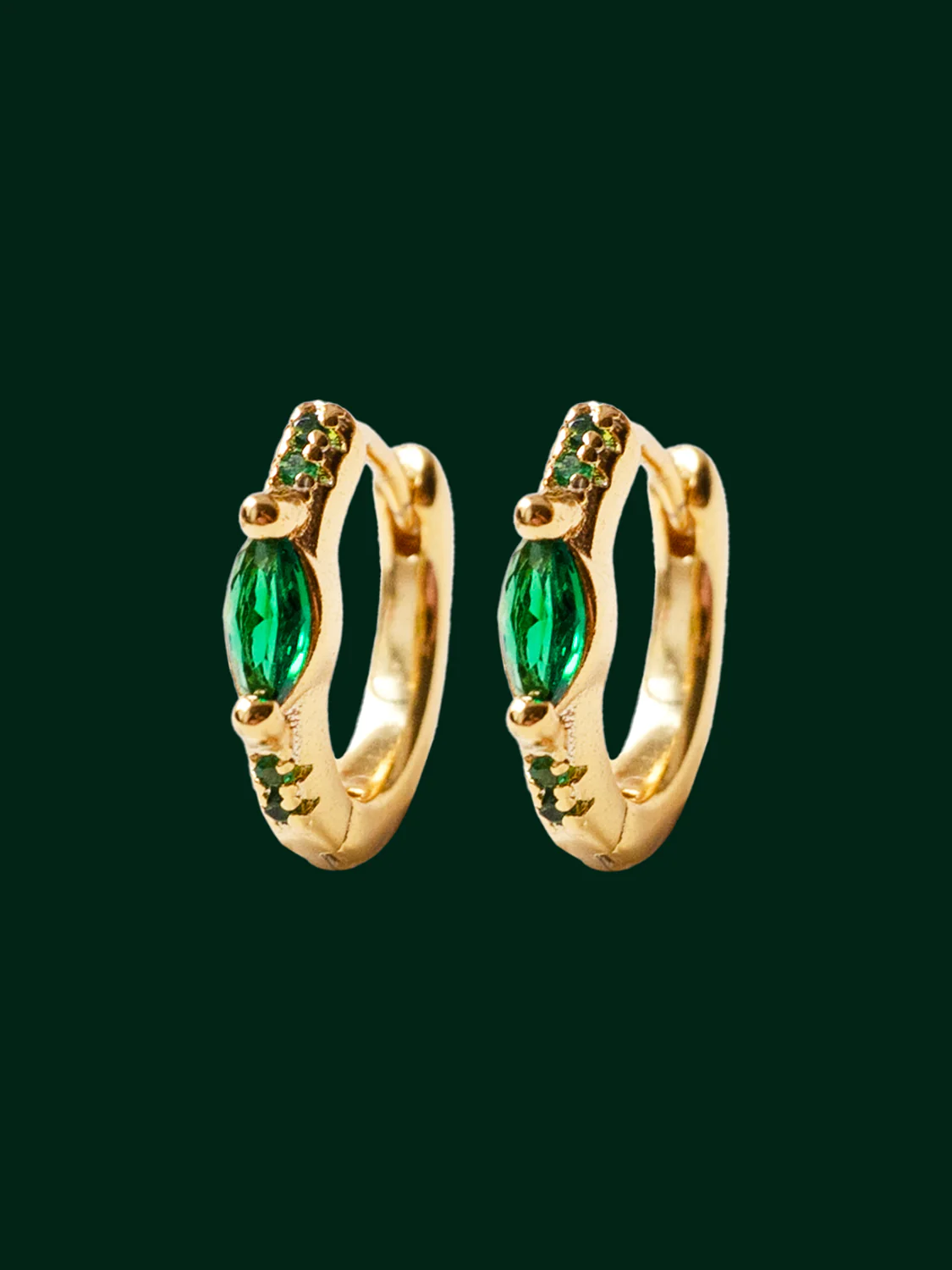 Oval Gemstone Huggies, S925 - Emerald Green, Gold - Image 3