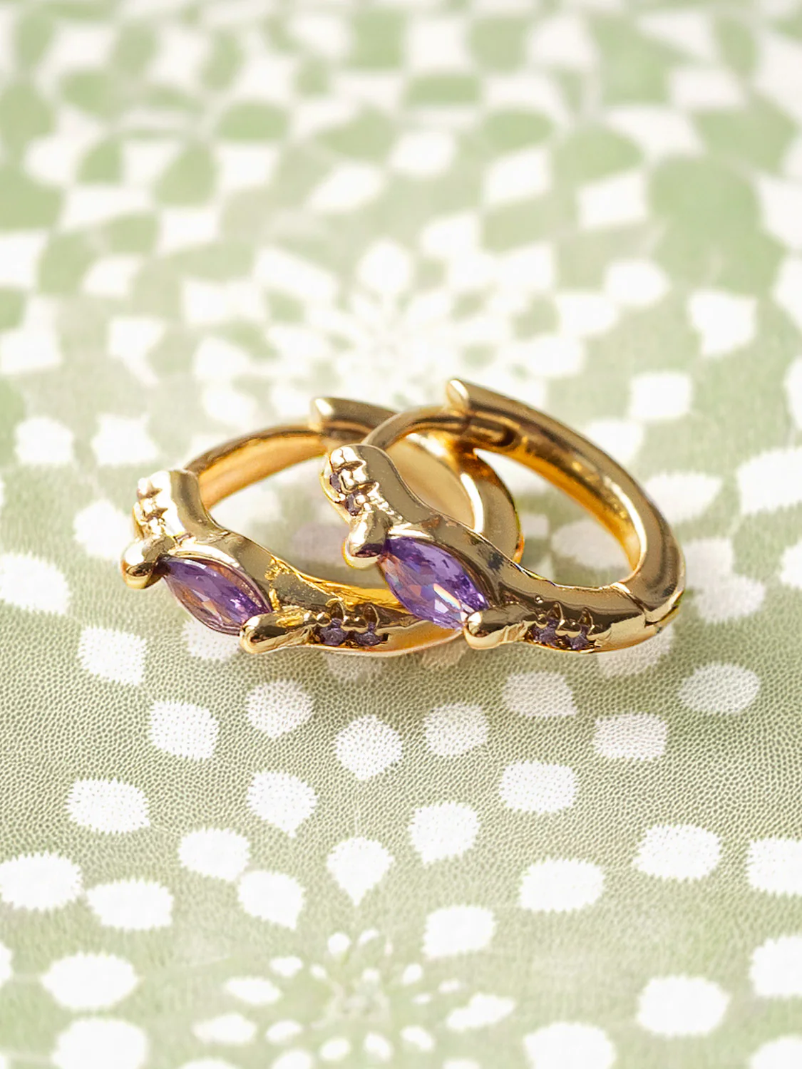 Oval Gemstone Huggies, S925 - Purple, Gold - Image 2