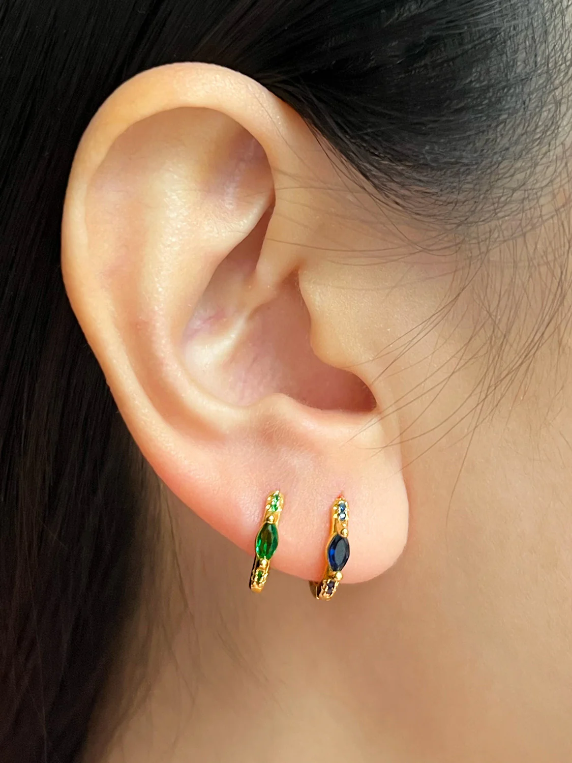Oval Gemstone Huggies, S925 - Emerald Green, Gold - Image 2