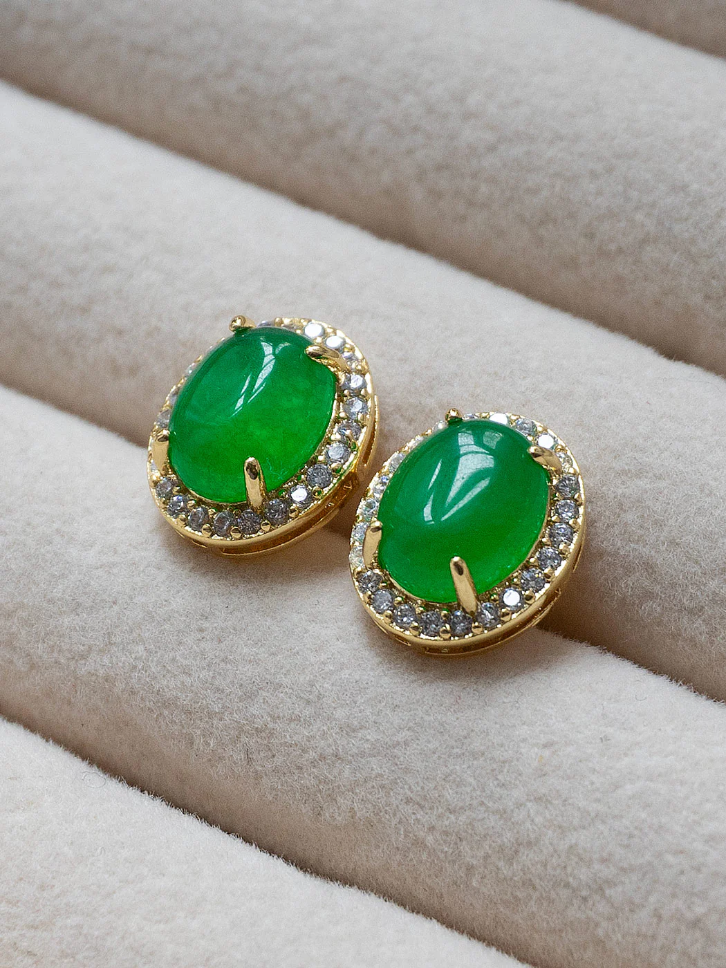 Oval Jade Gemstone Pavé Earstuds - Dark Green, Gold - Image 2