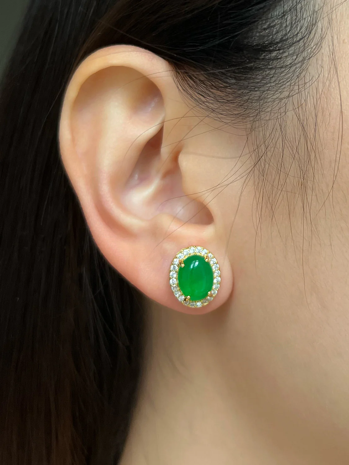 Oval Jade Gemstone Pavé Earstuds - Dark Green, Gold - Image 4