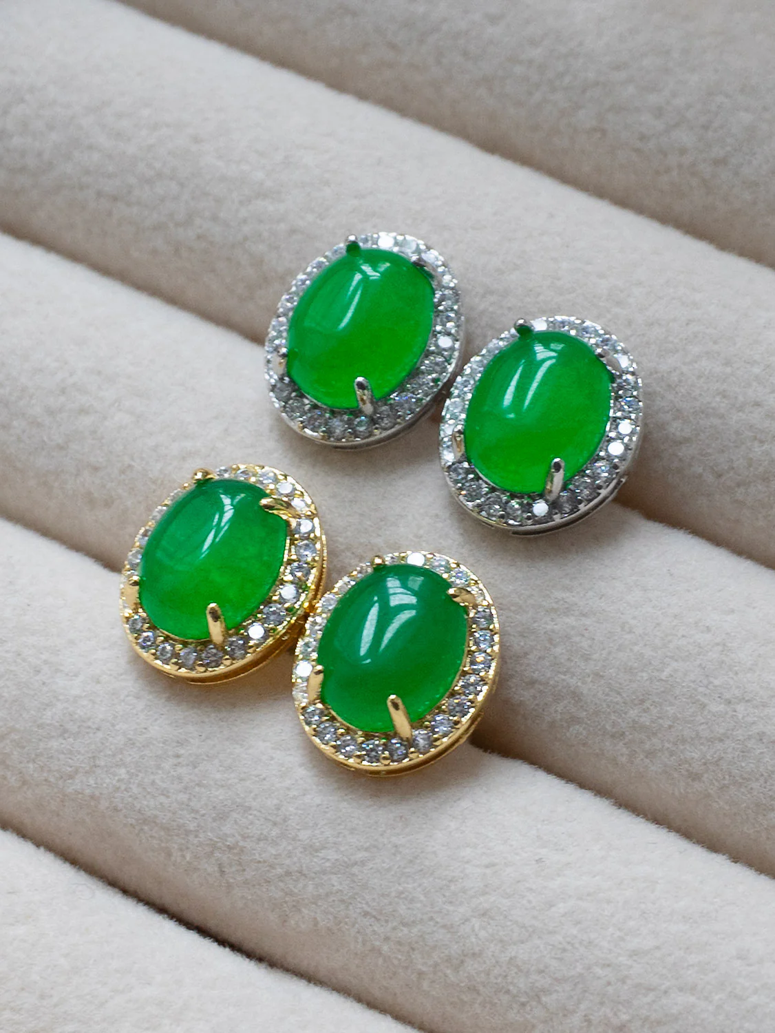 Oval Jade Gemstone Pavé Earstuds - Dark Green, Silver - Image 5