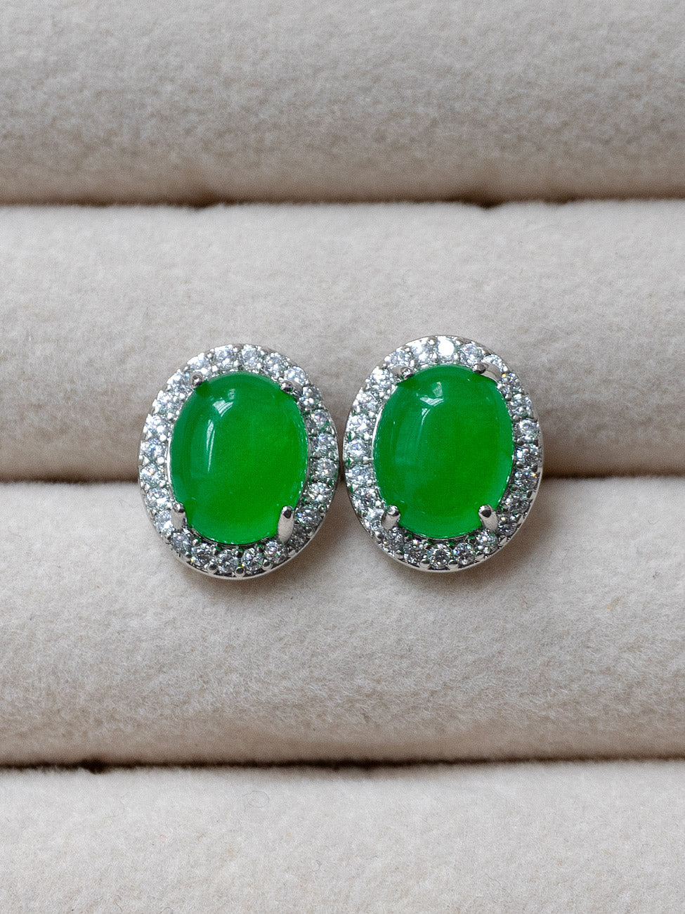 Oval Jade Gemstone Pavé Earstuds - Dark Green, Silver - Image 2