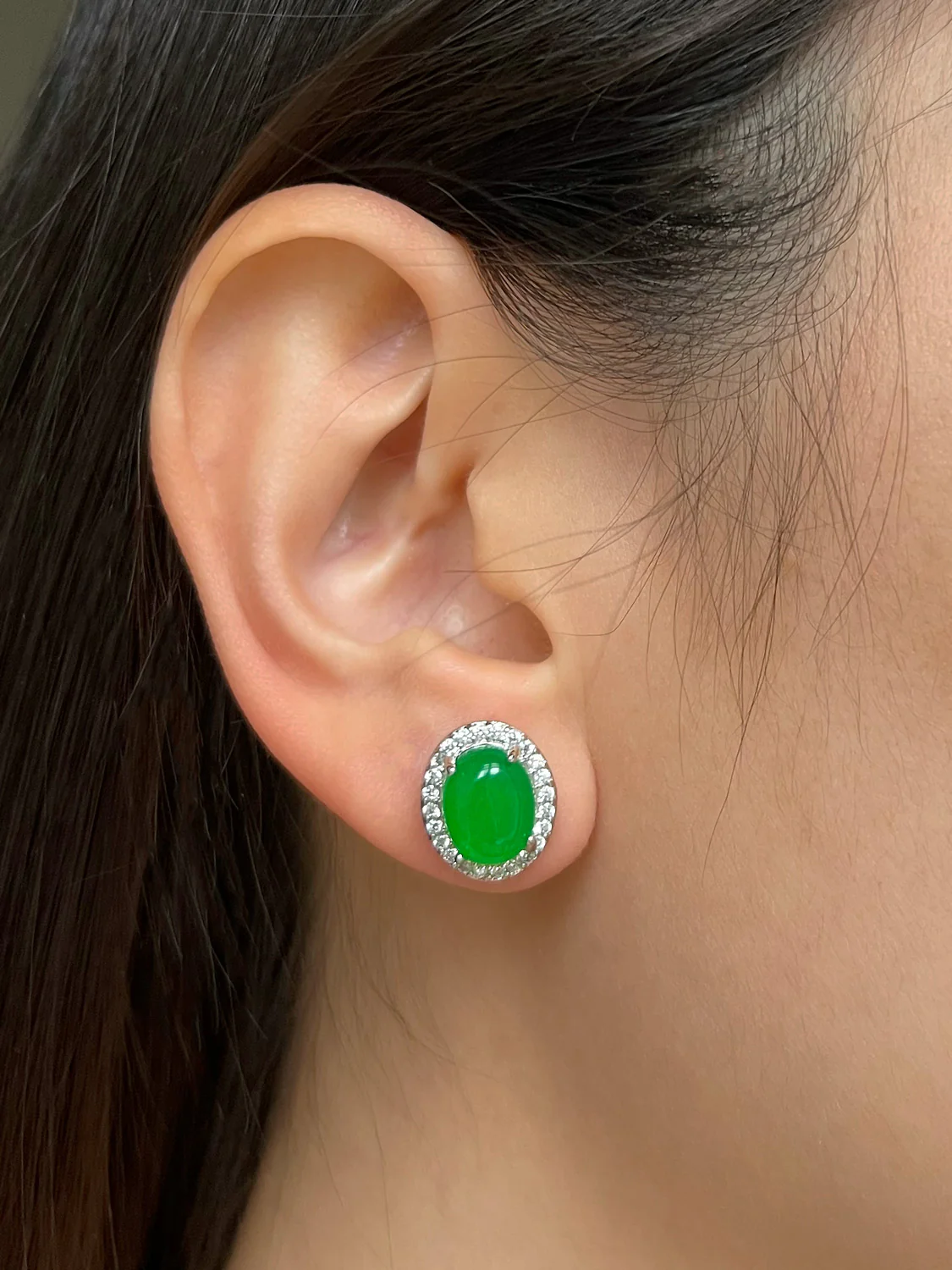 Oval Jade Gemstone Pavé Earstuds - Dark Green, Silver - Image 4
