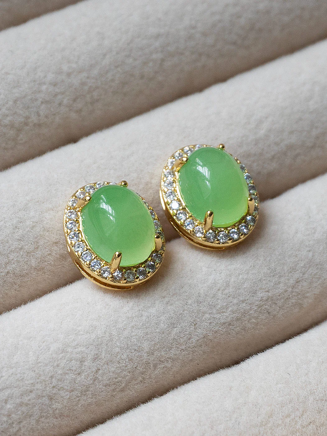 Oval Jade Gemstone Pavé Earstuds - Light Green, Gold - Image 2