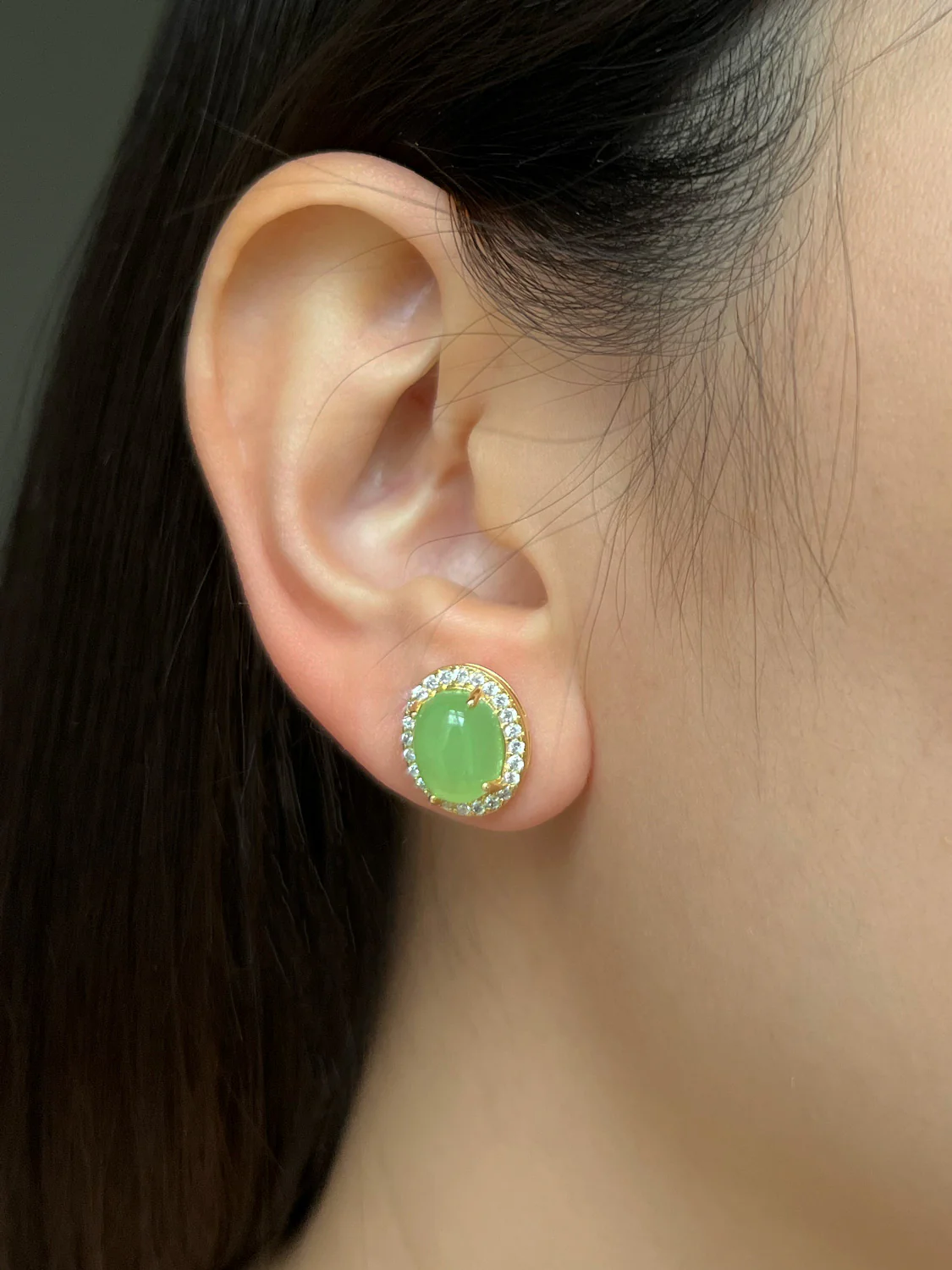 Oval Jade Gemstone Pavé Earstuds - Light Green, Gold - Image 3