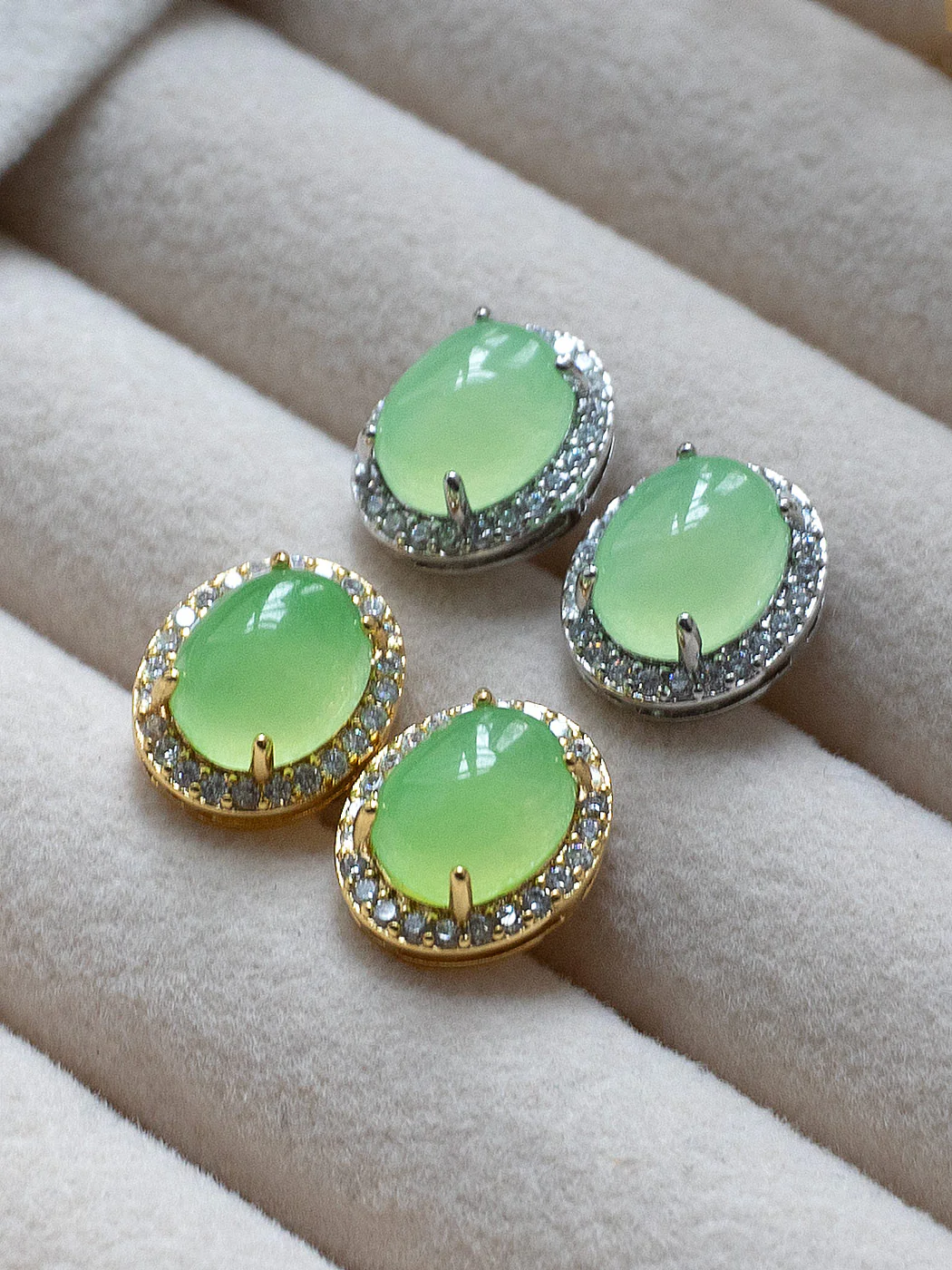 Oval Jade Gemstone Pavé Earstuds - Light Green, Gold - Image 4