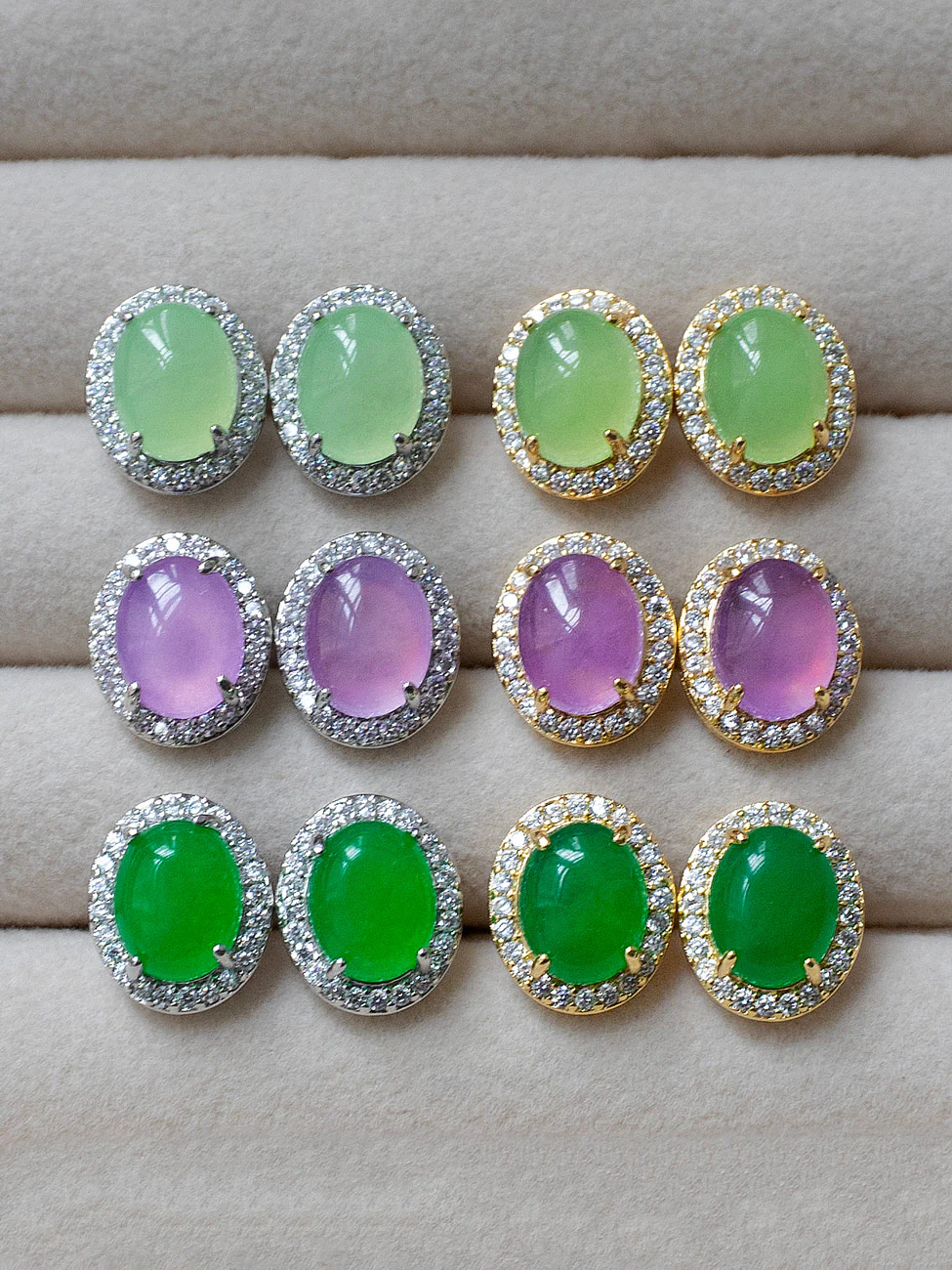 Oval Jade Gemstone Pavé Earstuds - Purple, Silver - Image 3