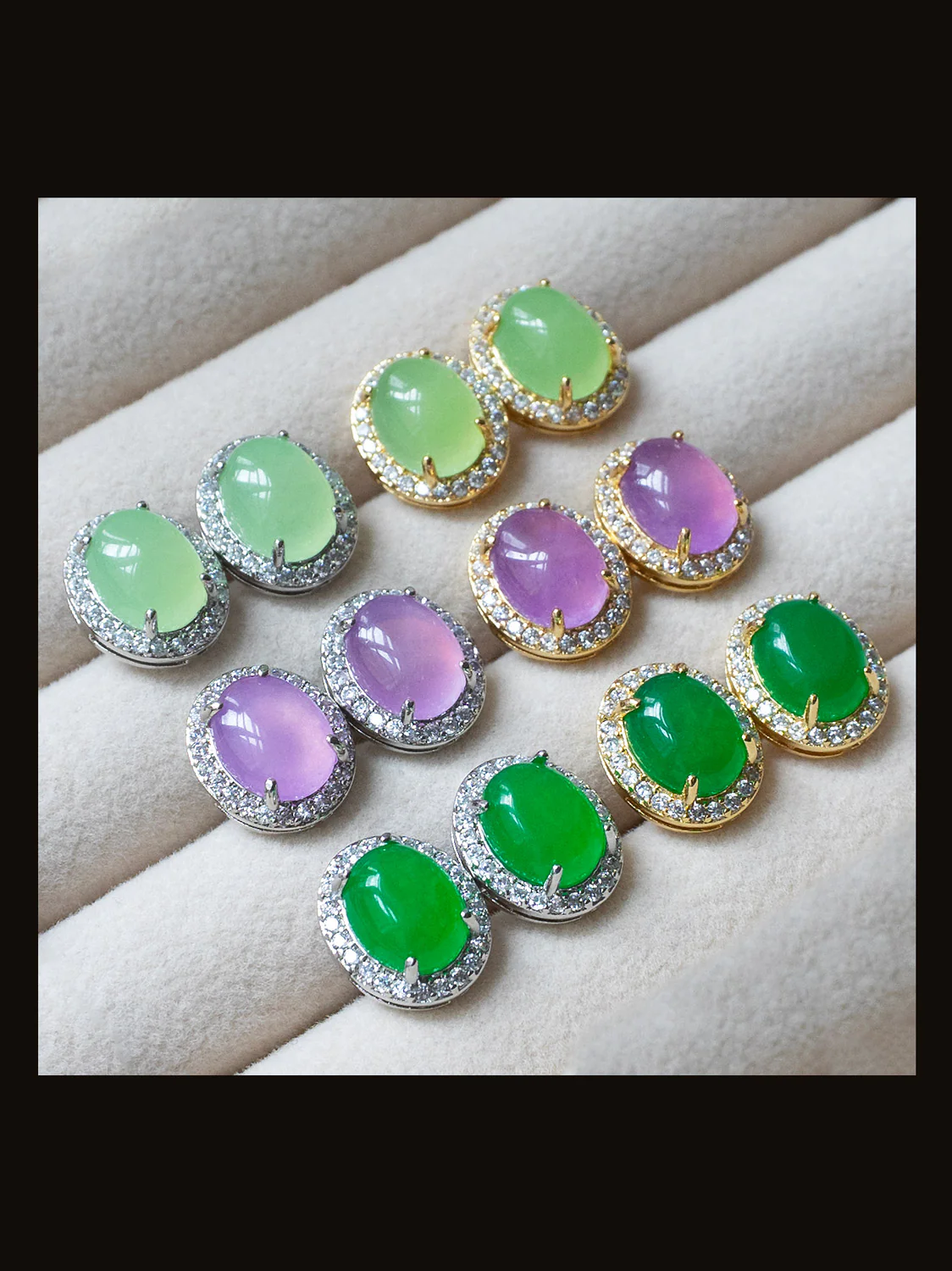 Oval Jade Gemstone Pavé Earstuds - Purple, Silver - Image 6
