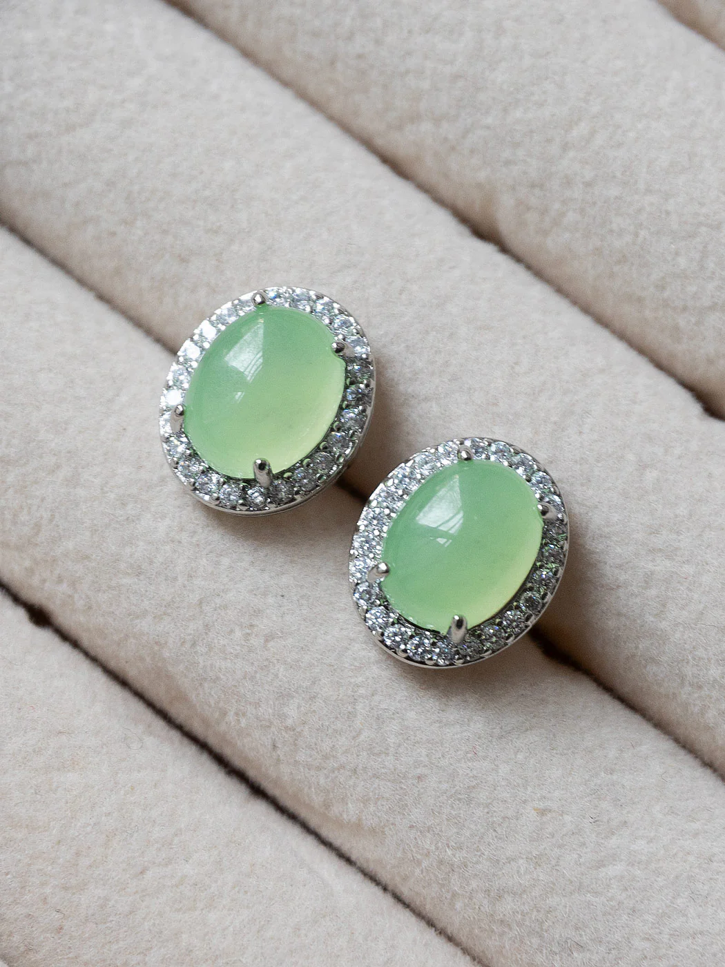 Oval Jade Gemstone Pavé Earstuds - Light Green, Silver - Image 2
