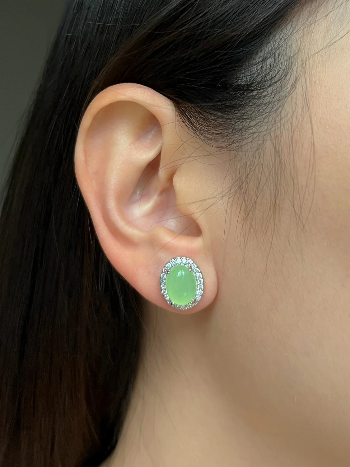 Oval Jade Gemstone Pavé Earstuds - Light Green, Silver - Image 3