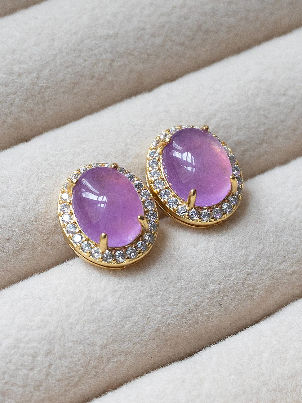 Oval Jade Gemstone Pavé Earstuds - Purple, Gold