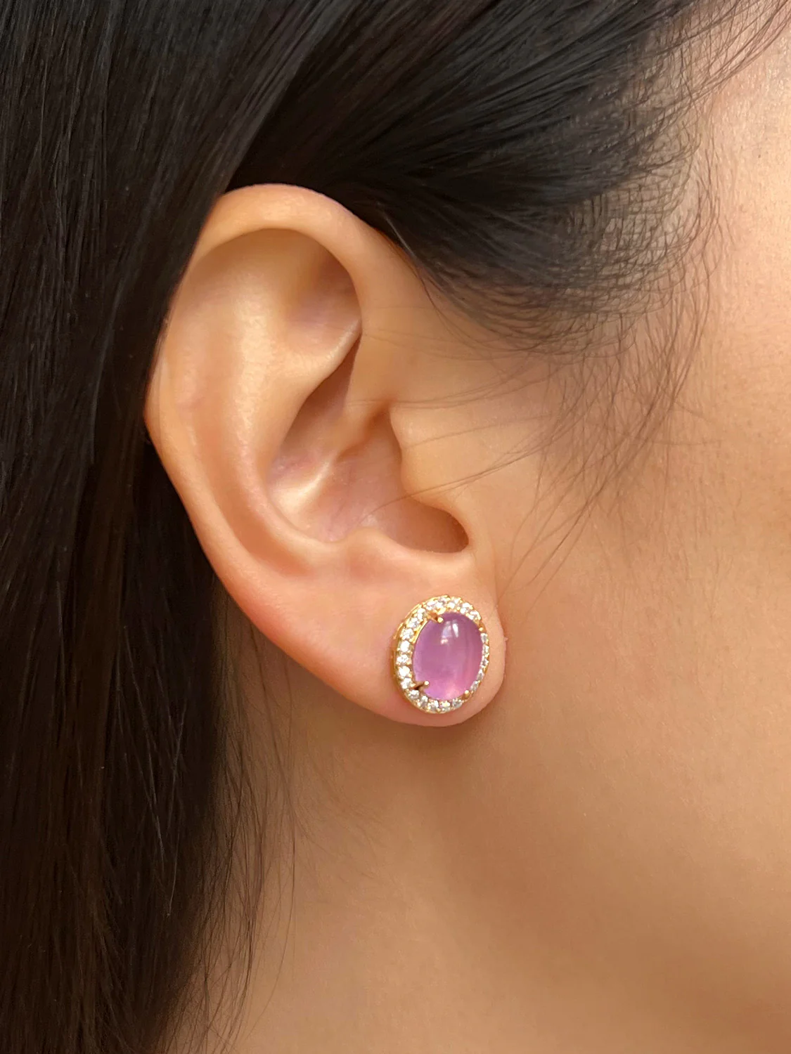 Oval Jade Gemstone Pavé Earstuds - Purple, Gold - Image 3