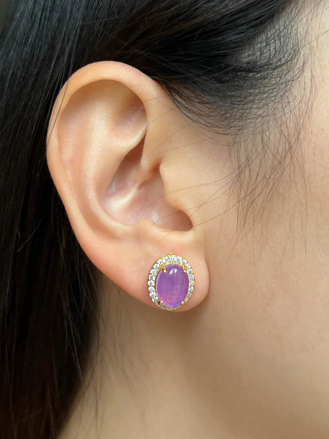 Oval Jade Gemstone Pavé Earstuds - Purple, Gold - Image 5