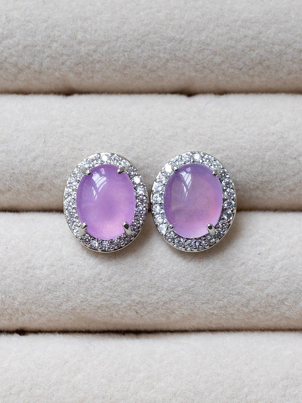 Oval Jade Gemstone Pavé Earstuds - Purple, Silver - Image 2