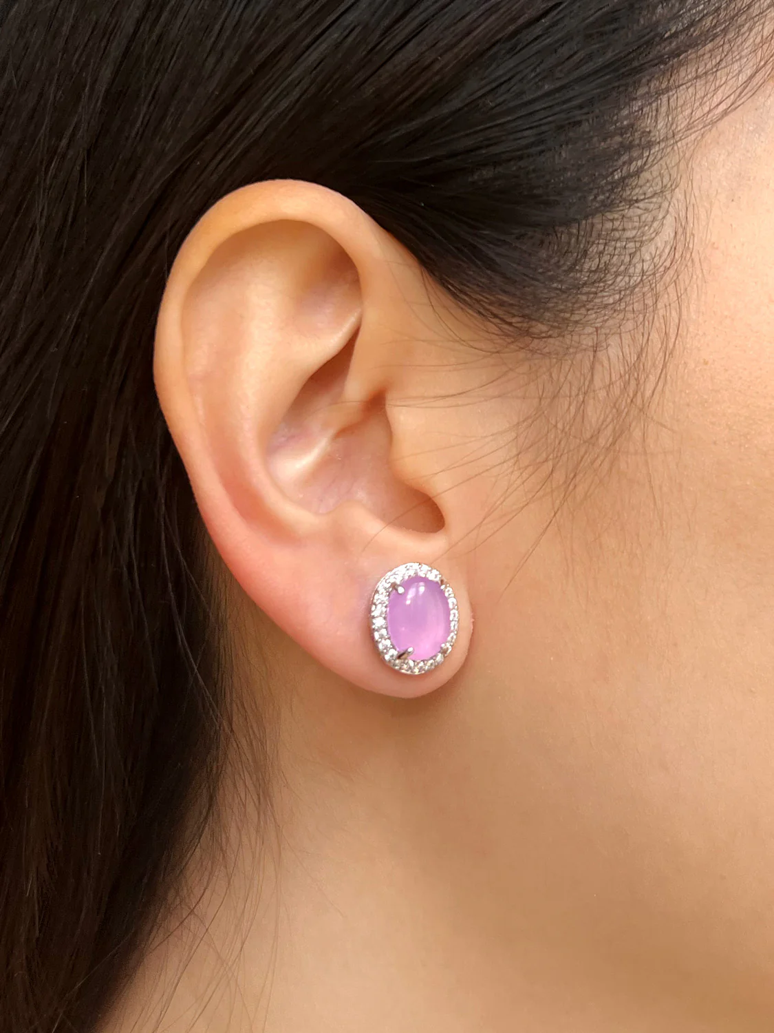 Oval Jade Gemstone Pavé Earstuds - Purple, Silver - Image 4